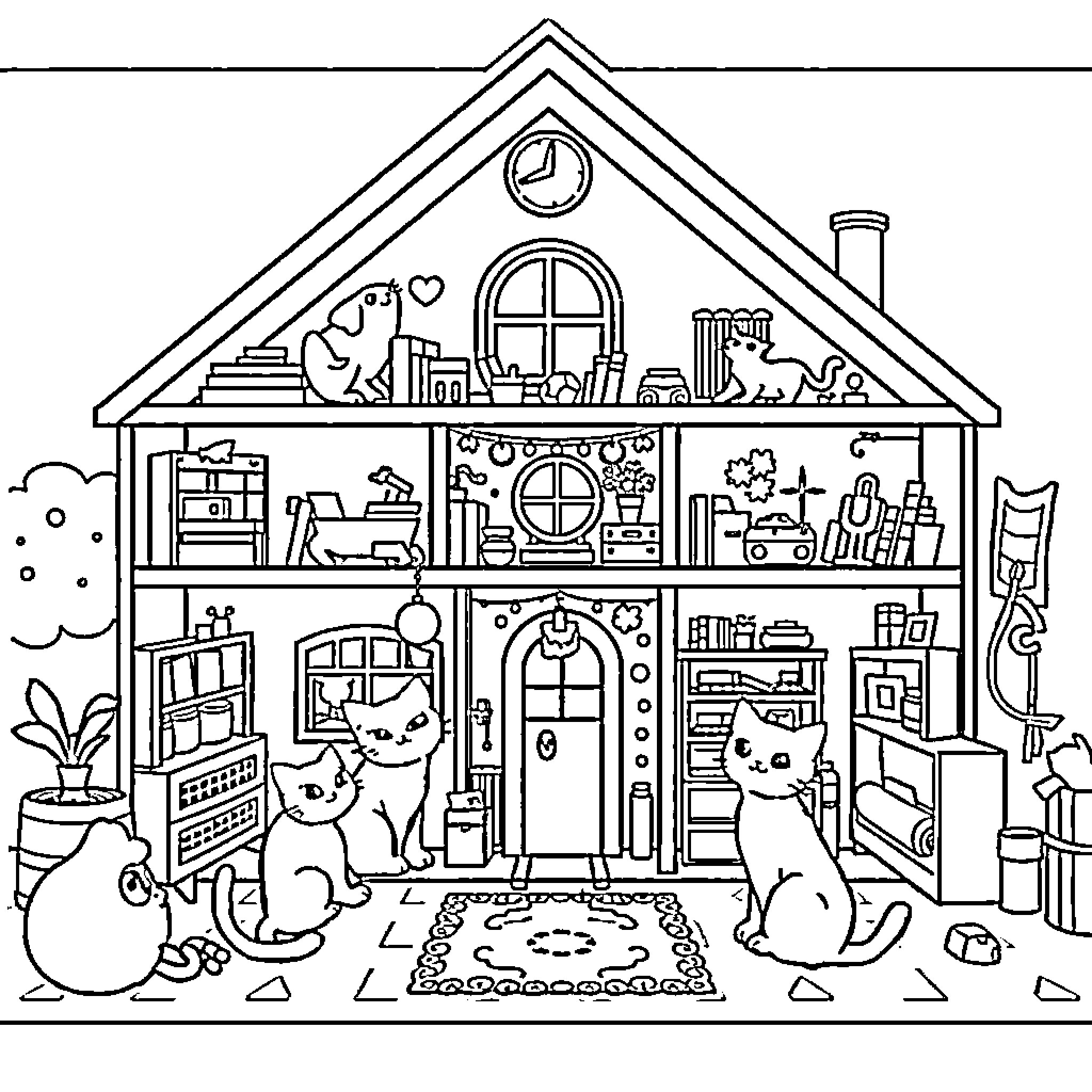 Gabby's Dollhouse with Playful Kittens and Household Items Coloring Page (free black-and-white line drawing printable PDF for all, from beginners to advanced learners, including children, teens, adults, and seniors)