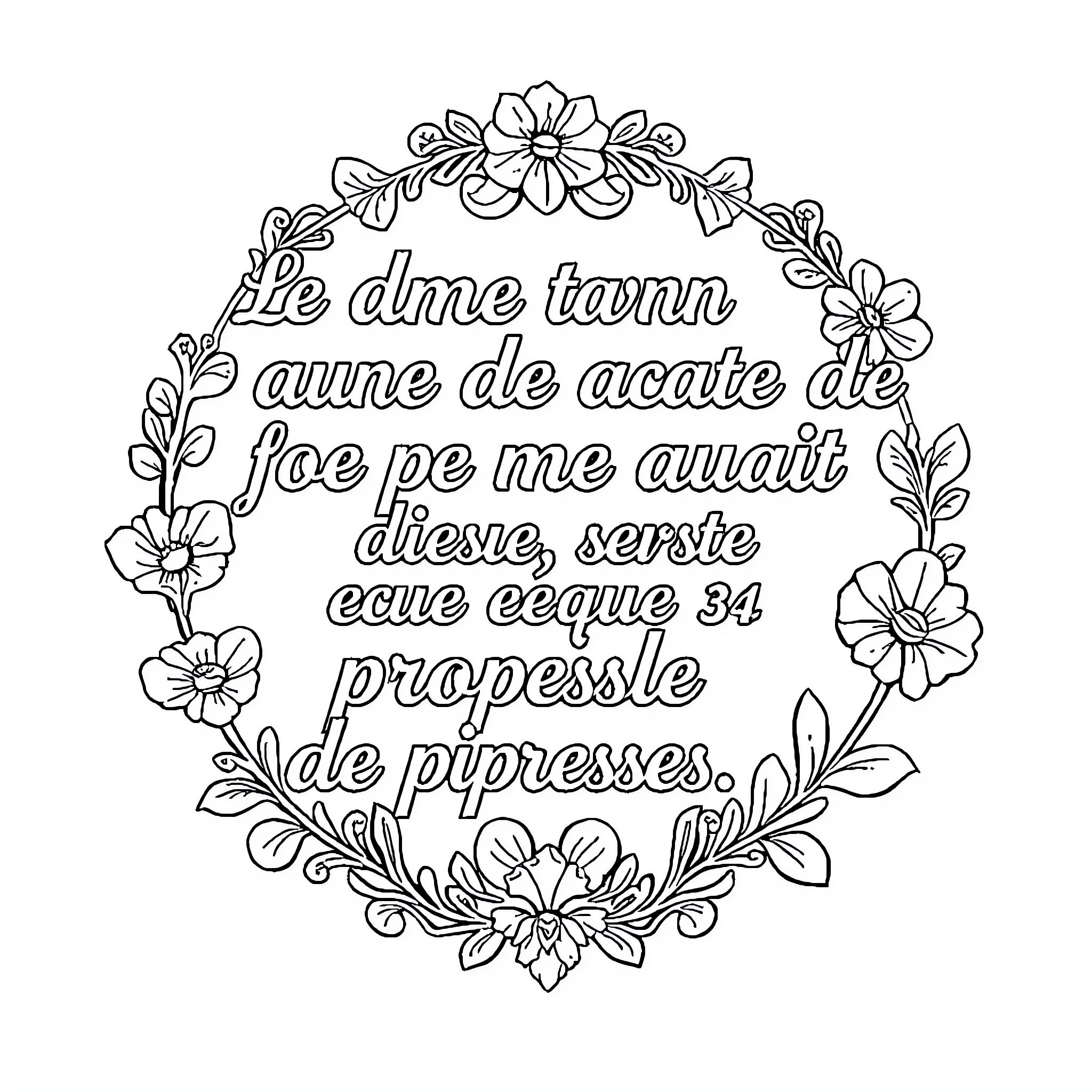 Bible Verse Written in Floral Wreath Coloring Page (free black-and-white line drawing printable PDF for all, from beginners to advanced learners, including children, teens, adults, and seniors)
