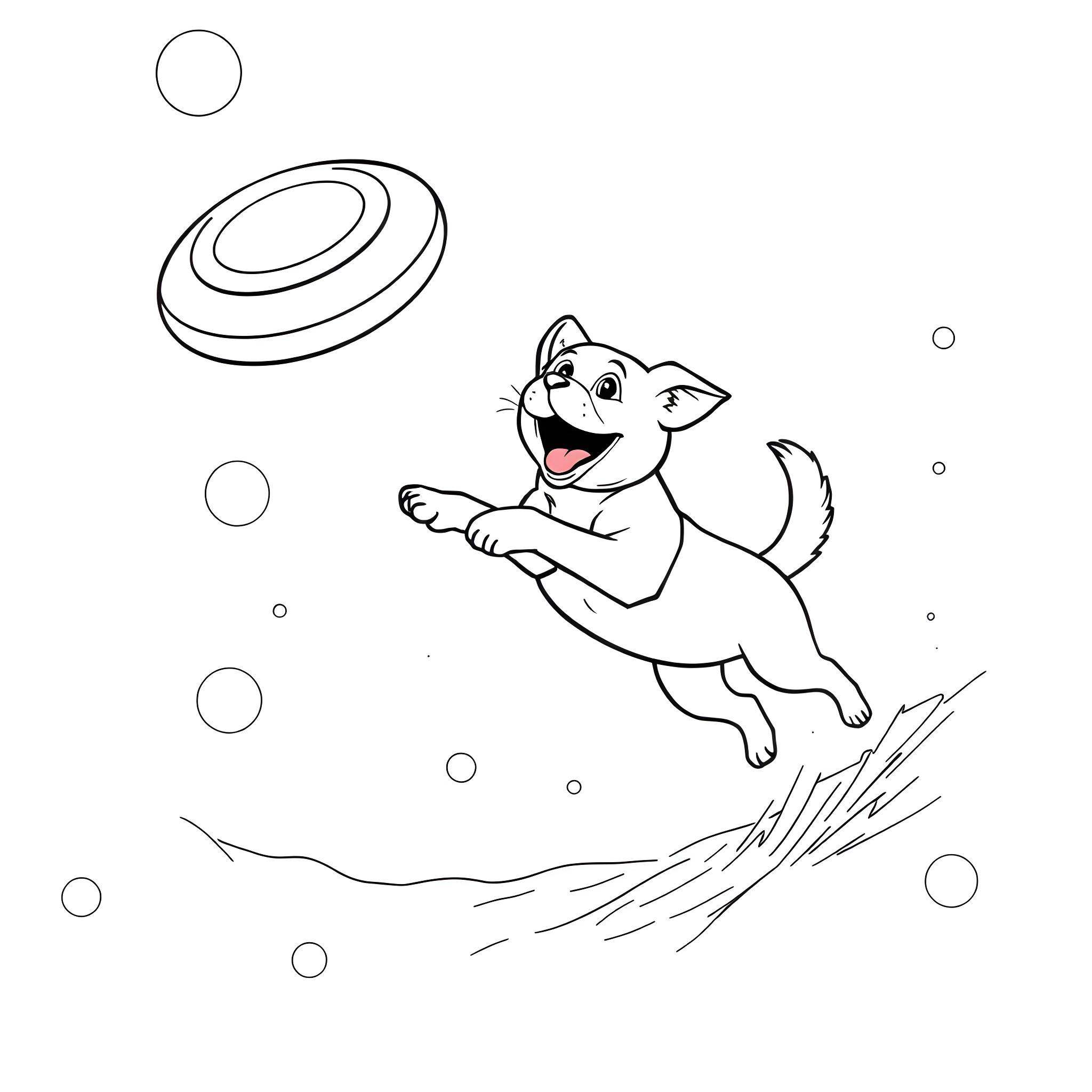 Dog chasing frisbee happily in the park Coloring Page (free black-and-white line drawing printable PDF for all, from beginners to advanced learners, including children, teens, adults, and seniors)
