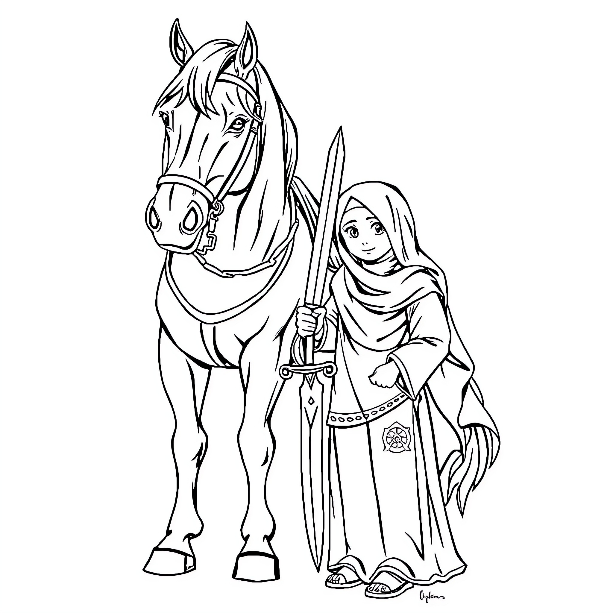 Horse and Rider in Traditional Attire Coloring Page (free black-and-white line drawing printable PDF for all, from beginners to advanced learners, including children, teens, adults, and seniors)
