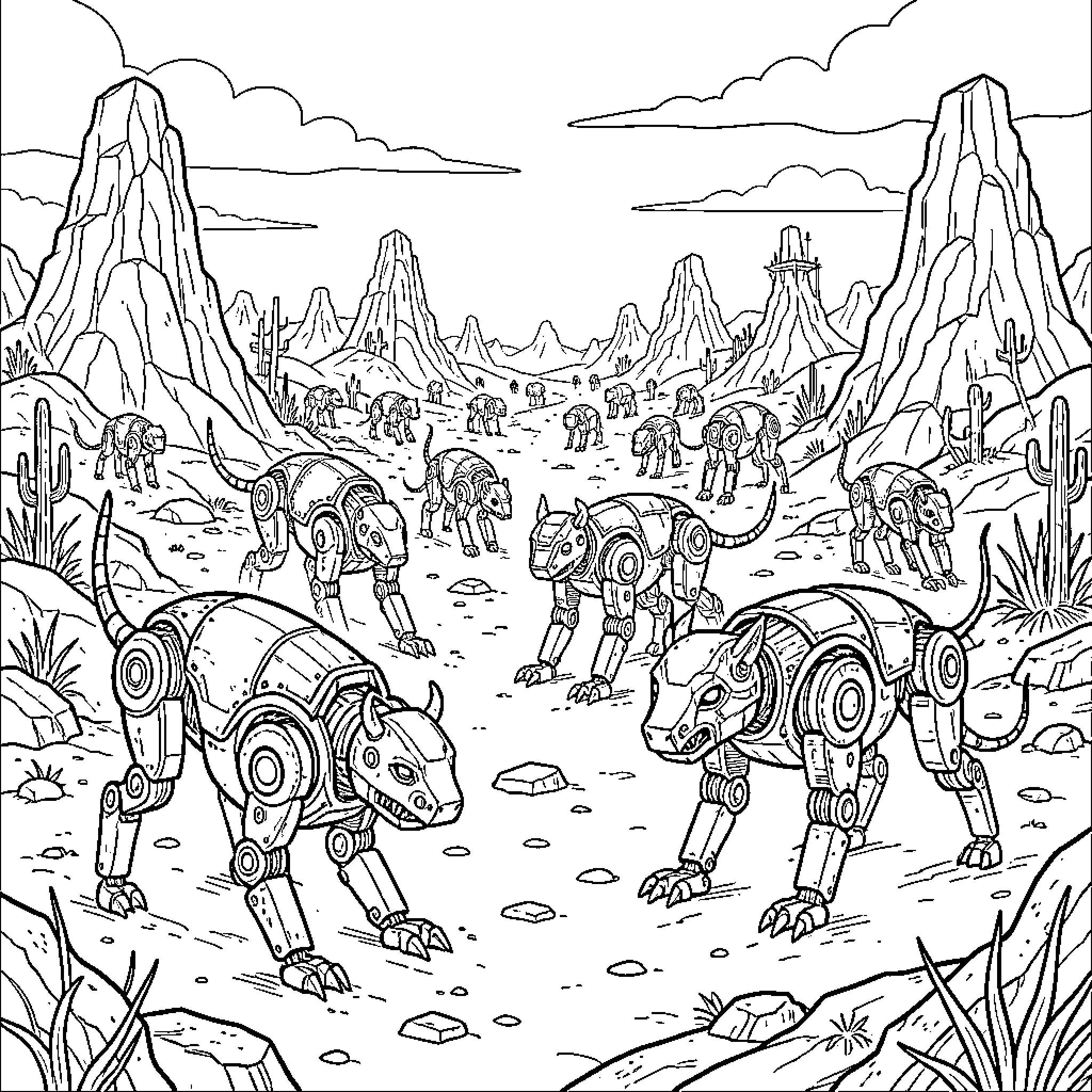 Mechanical Animal Exploration in Rugged Terrain Coloring Page (free black-and-white line drawing printable PDF for all, from beginners to advanced learners, including children, teens, adults, and seniors)