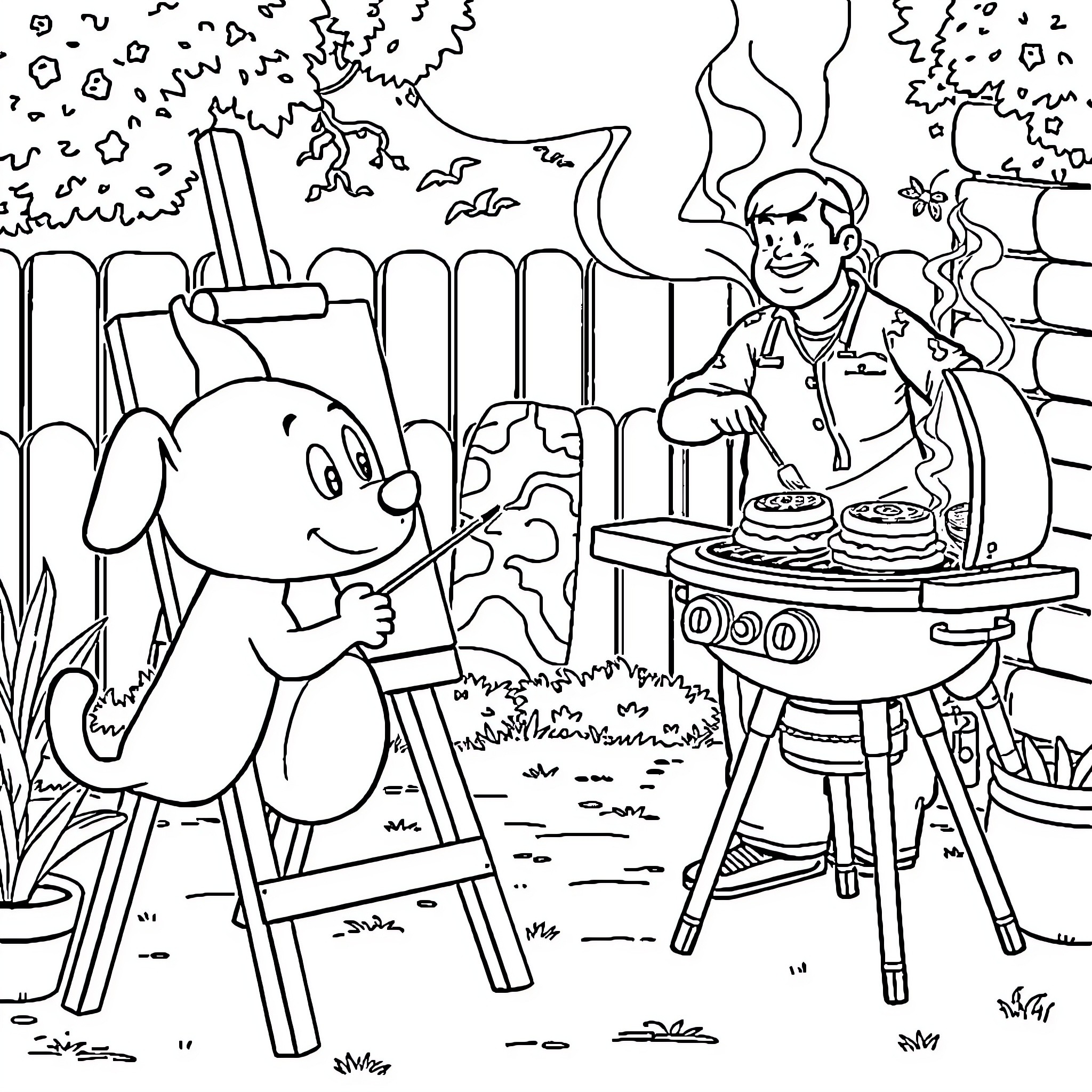 Bluey Painting with Dad at the Backyard BBQ Coloring Page (free black-and-white line drawing printable PDF for all, from beginners to advanced learners, including children, teens, adults, and seniors)