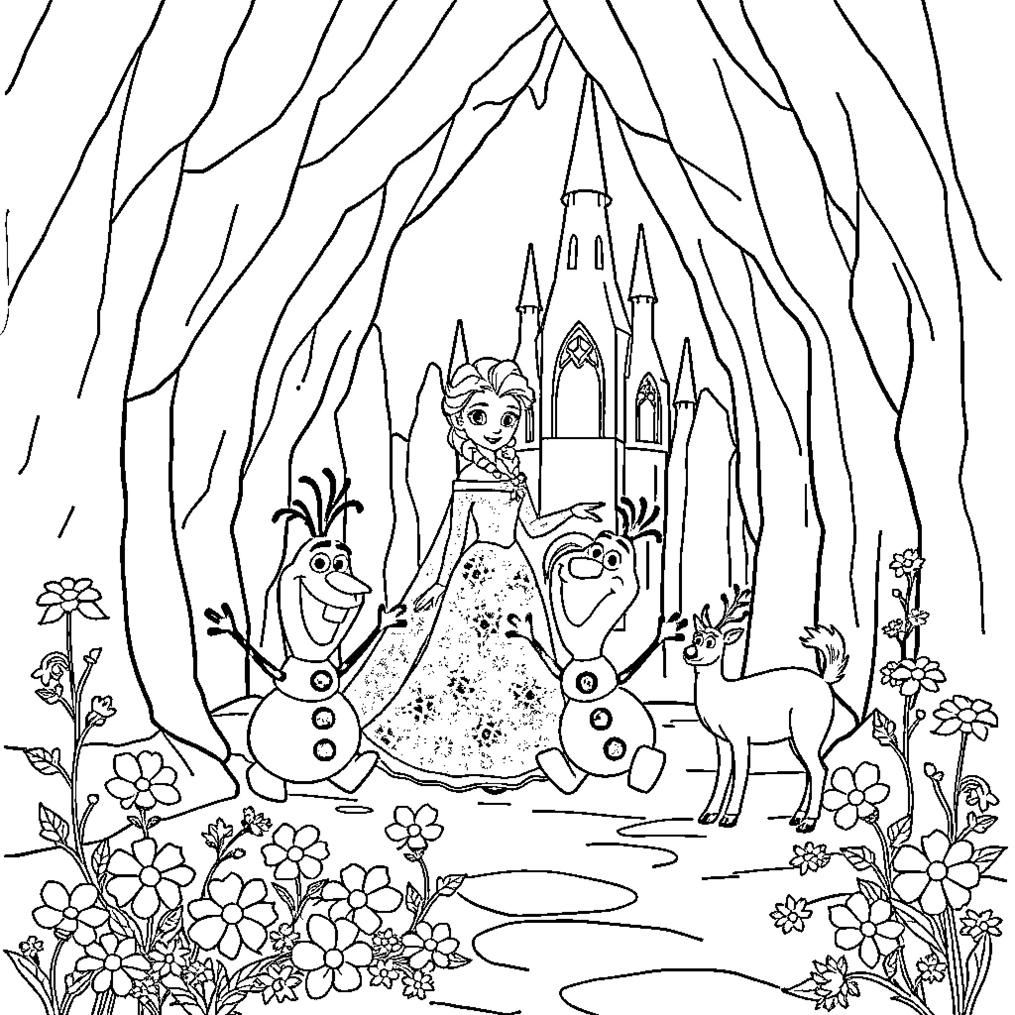 Elsa's Castle and Enchanted Forest Adventure Coloring Page (free black-and-white line drawing printable PDF for all, from beginners to advanced learners, including children, teens, adults, and seniors)