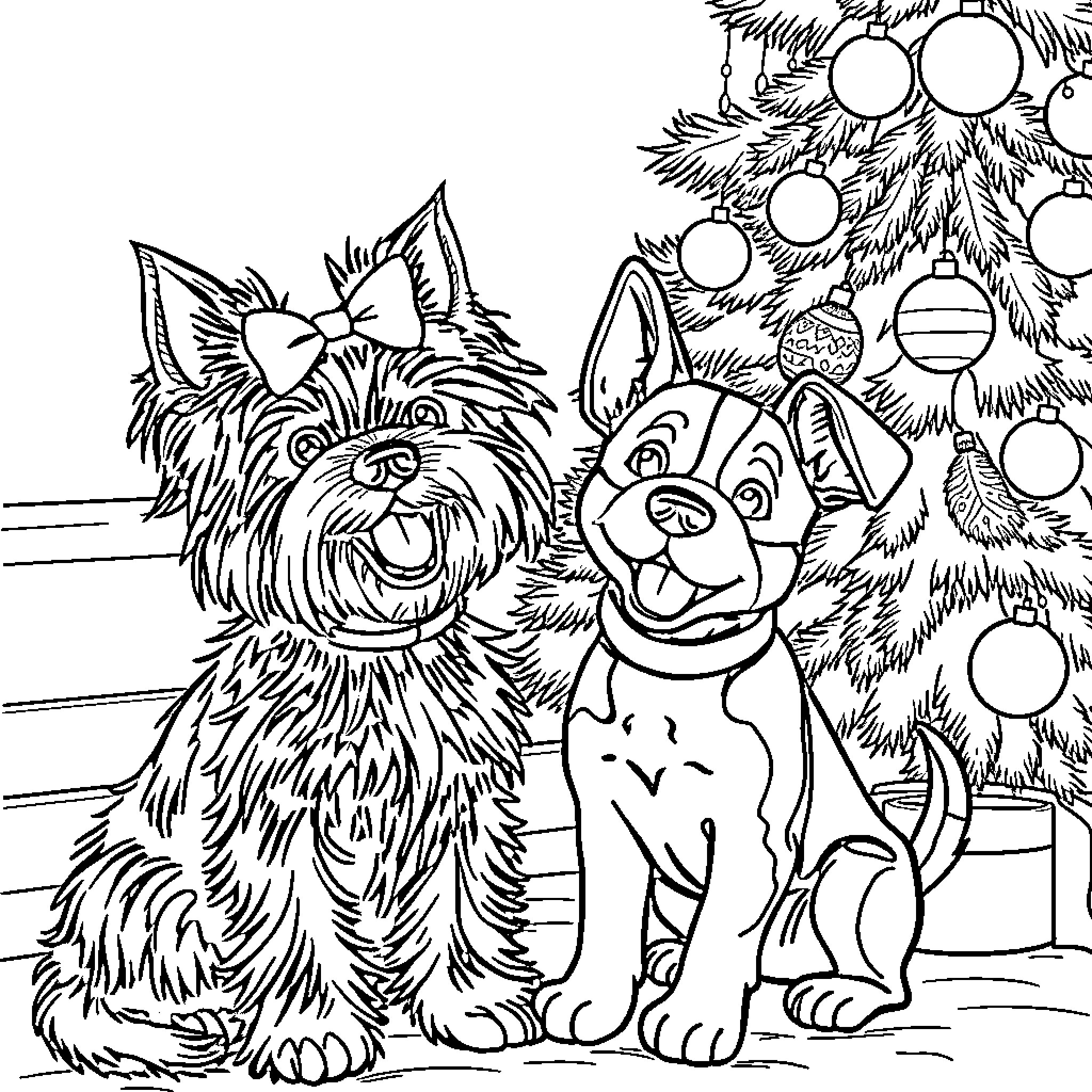 Dogs celebrating Christmas near tree Coloring Page (free black-and-white line drawing printable PDF for all, from beginners to advanced learners, including children, teens, adults, and seniors)