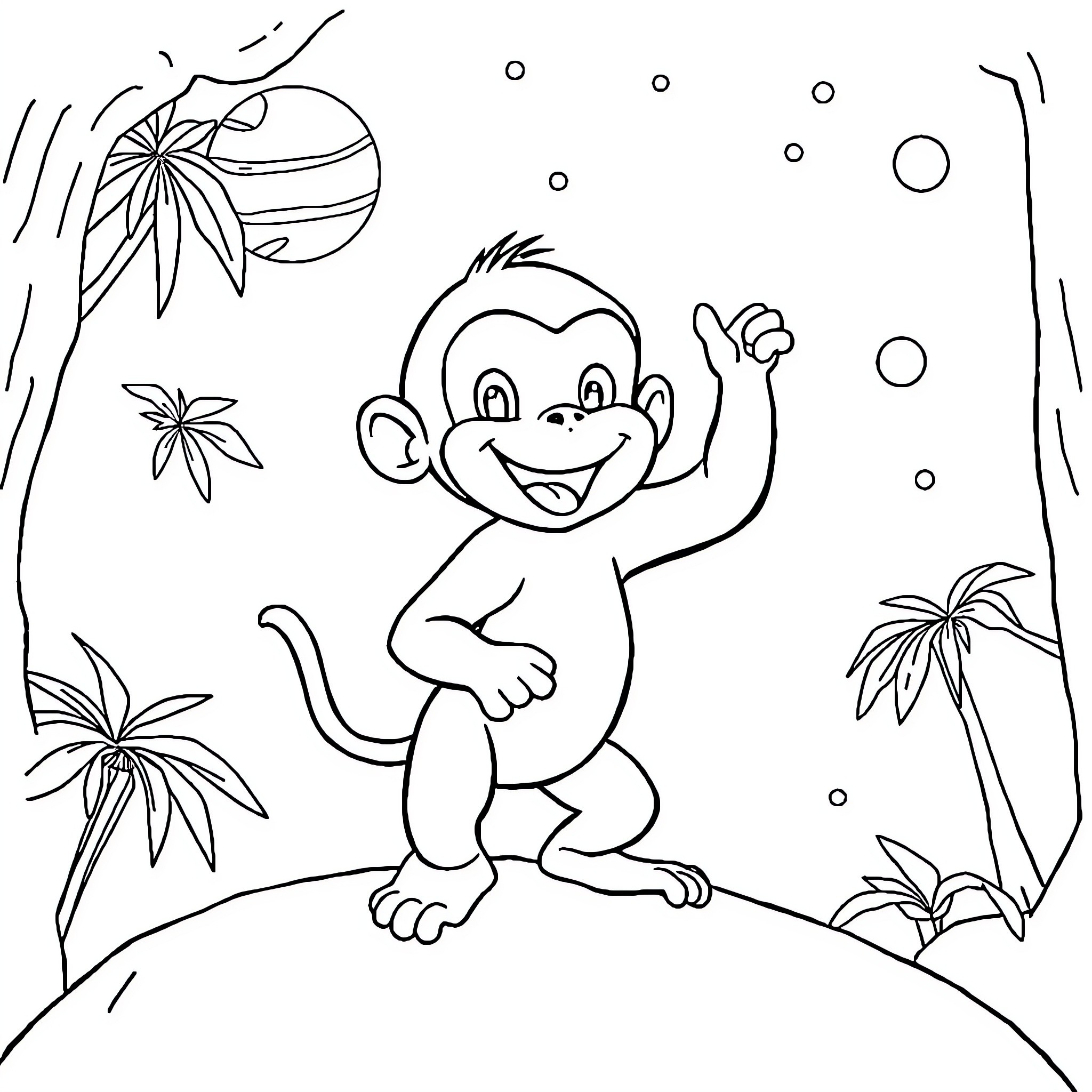 Curious George playing joyfully in the tropical setting Coloring Page (free black-and-white line drawing printable PDF for all, from beginners to advanced learners, including children, teens, adults, and seniors)