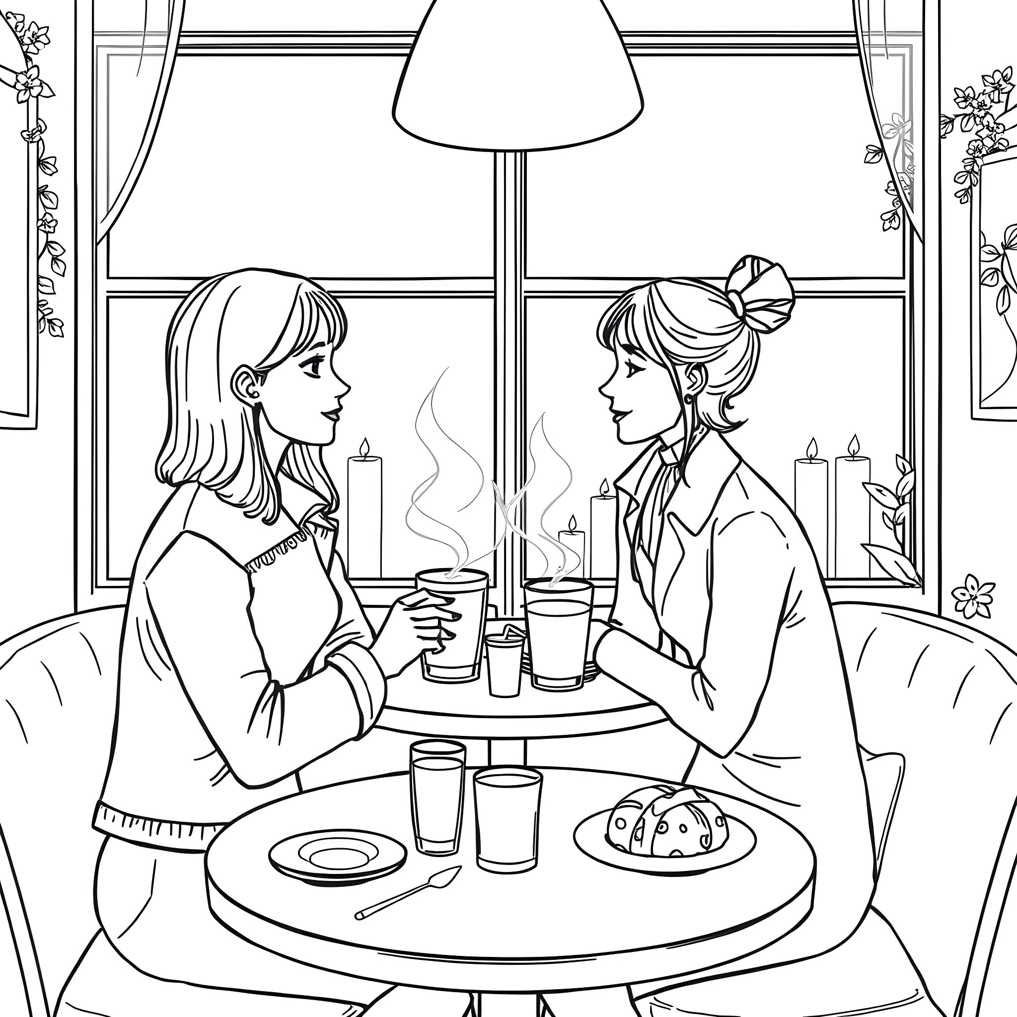 Romance Between Two Women in a Cozy Cafe Coloring Page (free black-and-white line drawing printable PDF for all, from beginners to advanced learners, including children, teens, adults, and seniors)