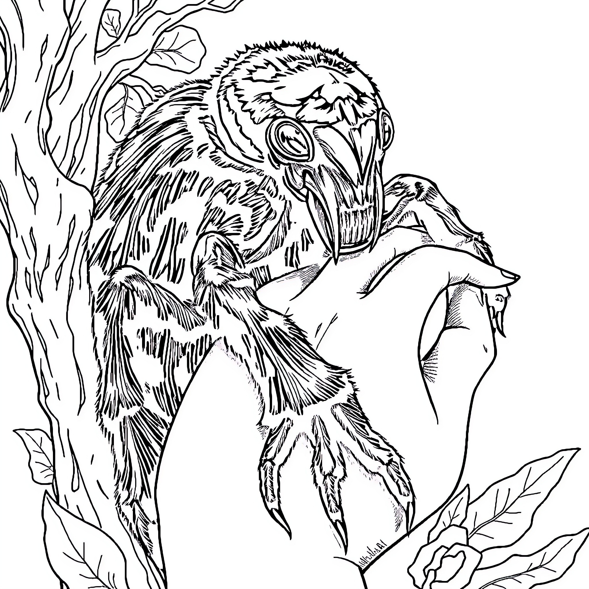 Tarantula climbing on a tree trunk Coloring Page (free black-and-white line drawing printable PDF for all, from beginners to advanced learners, including children, teens, adults, and seniors)