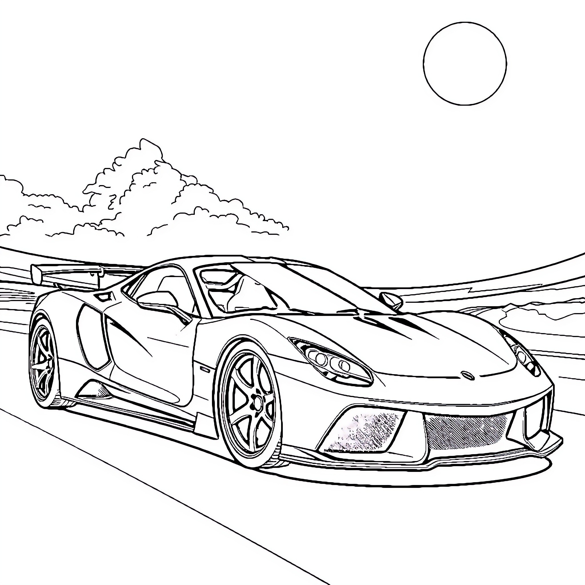 Sport Car on the road with mountains Coloring Page (free black-and-white line drawing printable PDF for all, from beginners to advanced learners, including children, teens, adults, and seniors)