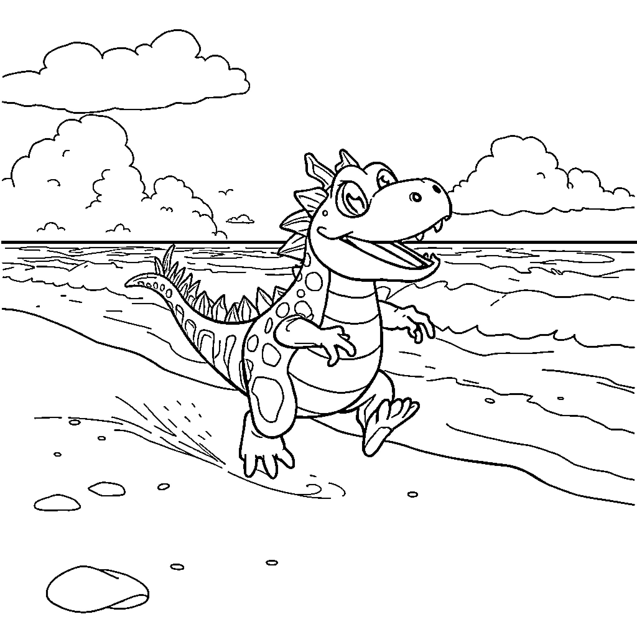 Cocodrilo playing happily on the beach Coloring Page (free black-and-white line drawing printable PDF for all, from beginners to advanced learners, including children, teens, adults, and seniors)