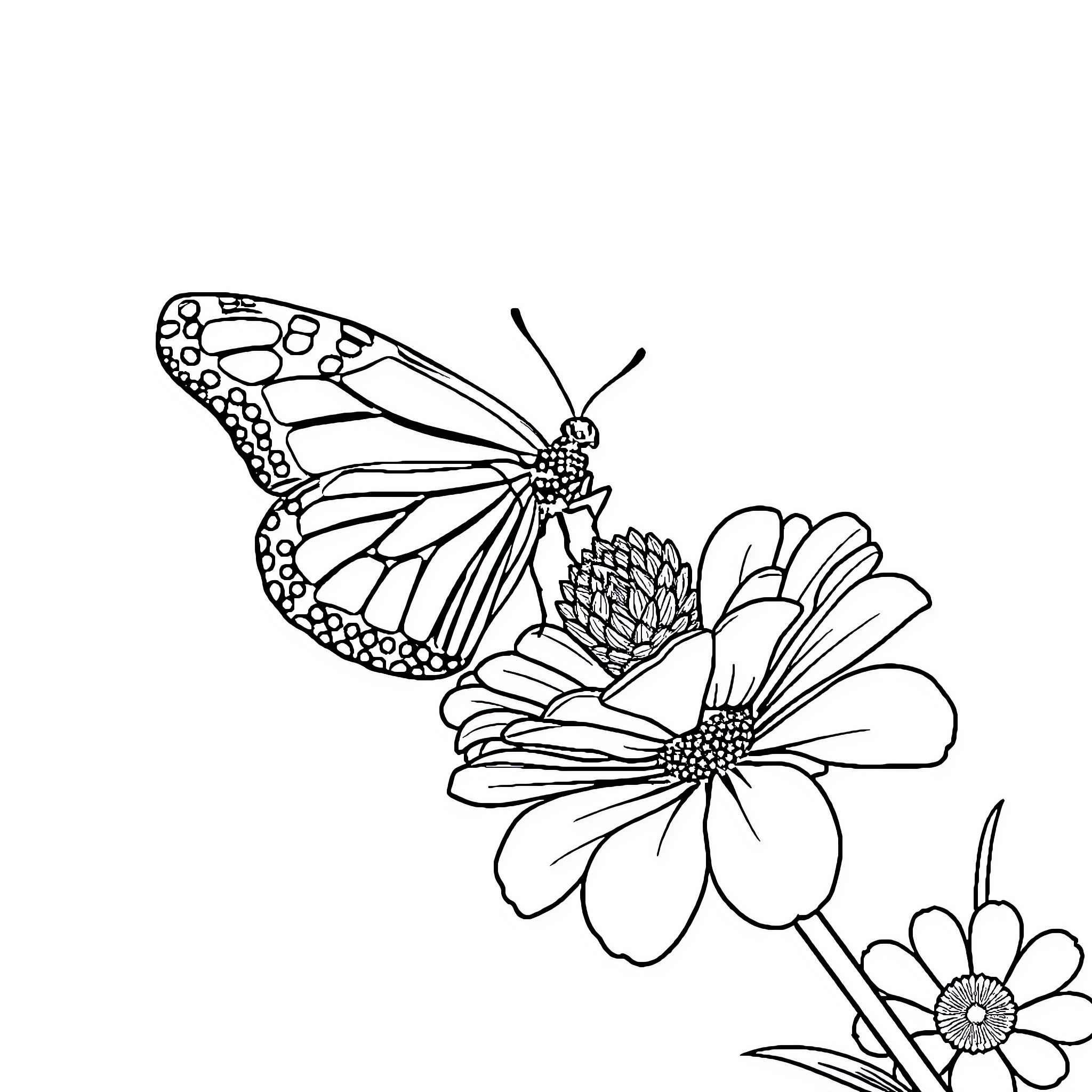 Butterfly resting on a blooming flower Coloring Page (free black-and-white line drawing printable PDF for all, from beginners to advanced learners, including children, teens, adults, and seniors)