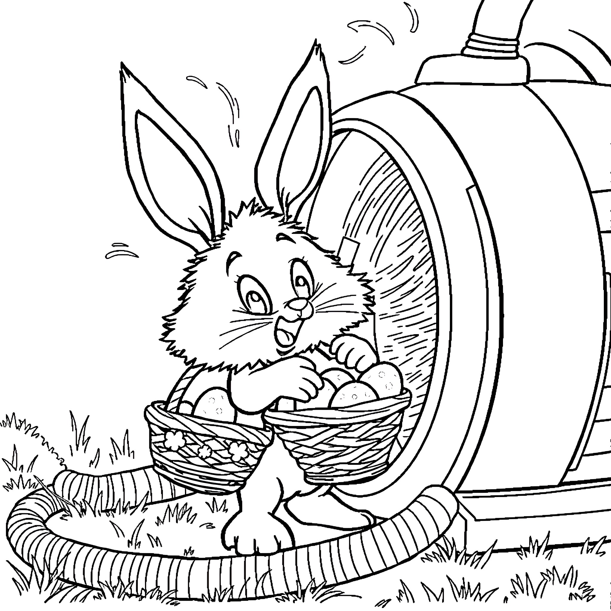 Easter Bunny carrying basket of eggs and peeking from behind a fence Coloring Page (free black-and-white line drawing printable PDF for all, from beginners to advanced learners, including children, teens, adults, and seniors)