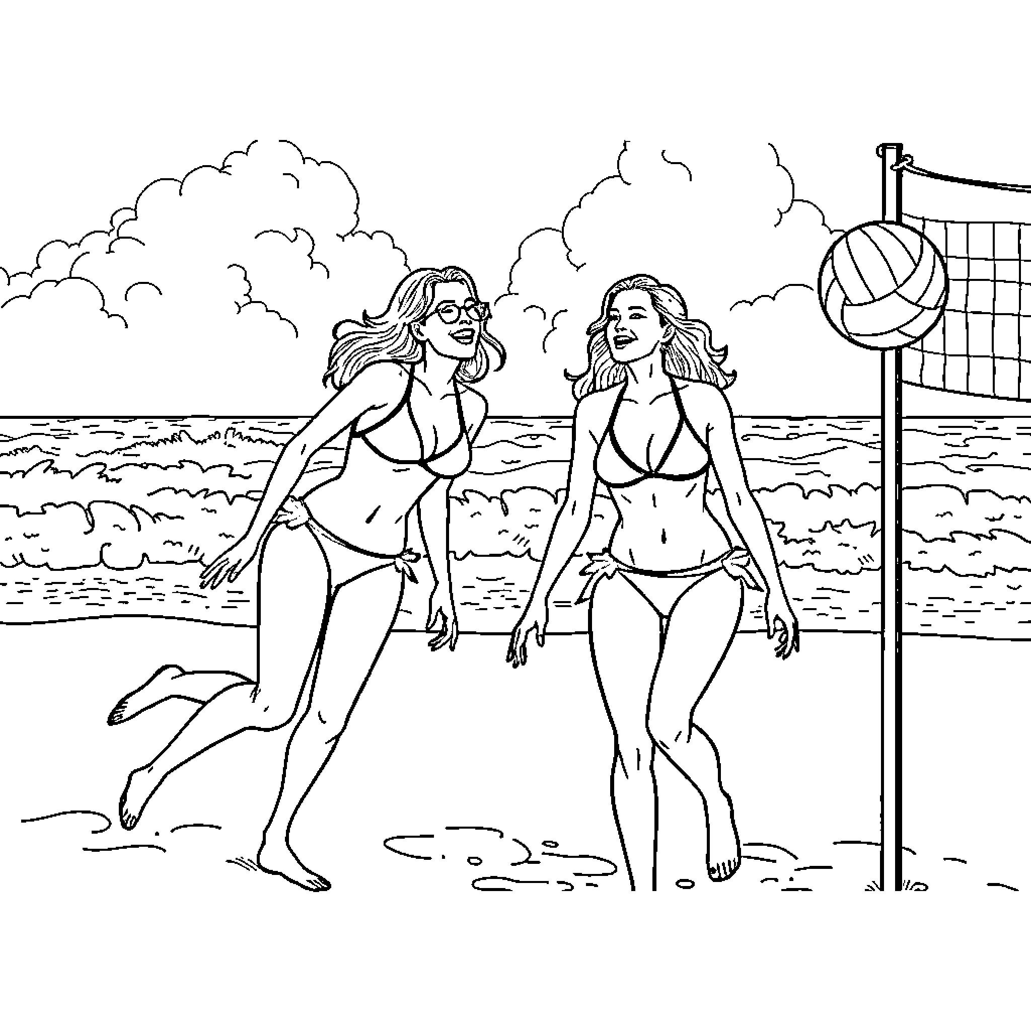Women playing volleyball on the beach Coloring Page (free black-and-white line drawing printable PDF for all, from beginners to advanced learners, including children, teens, adults, and seniors)