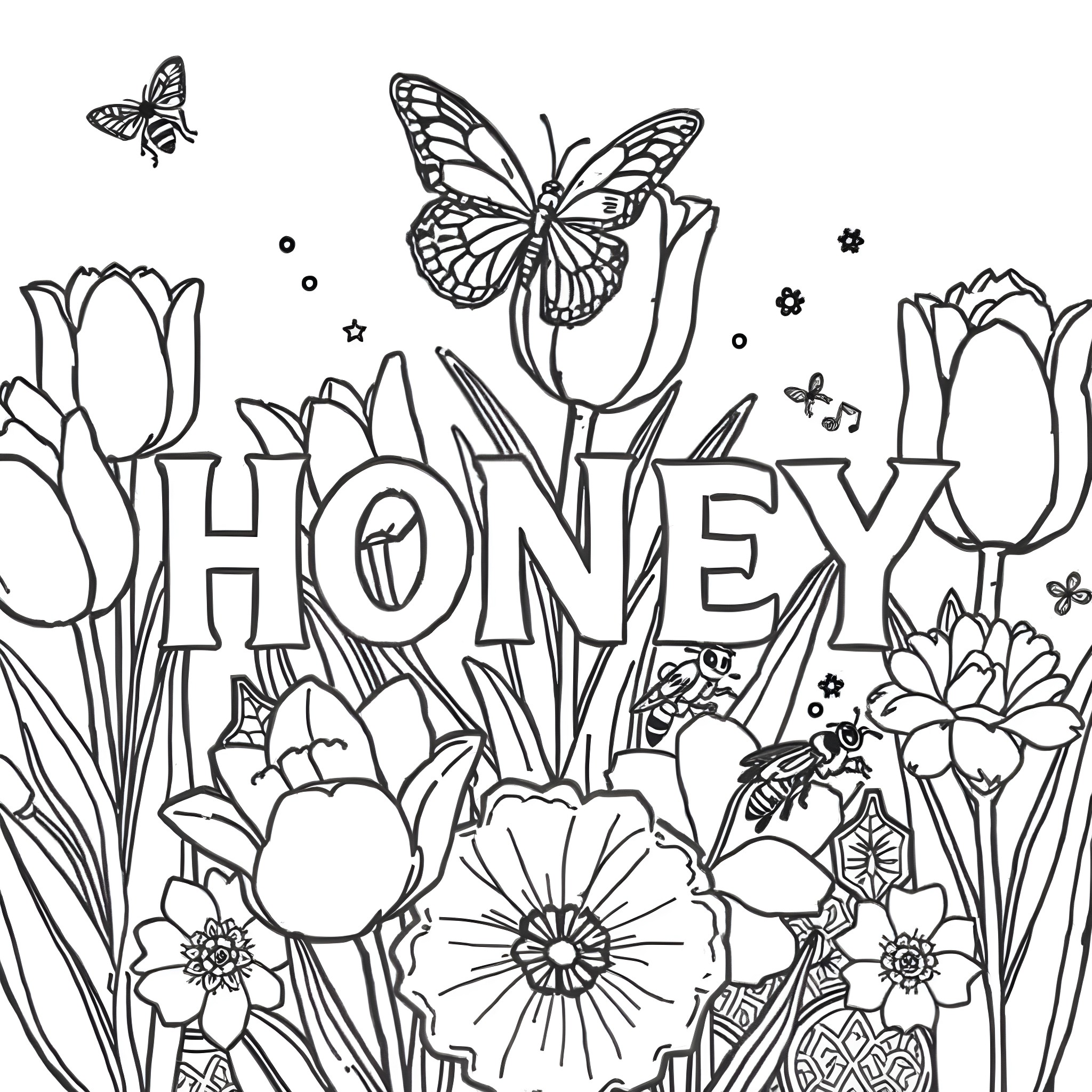 Honey with butterflies and flowers Coloring Page (free black-and-white line drawing printable PDF for all, from beginners to advanced learners, including children, teens, adults, and seniors)
