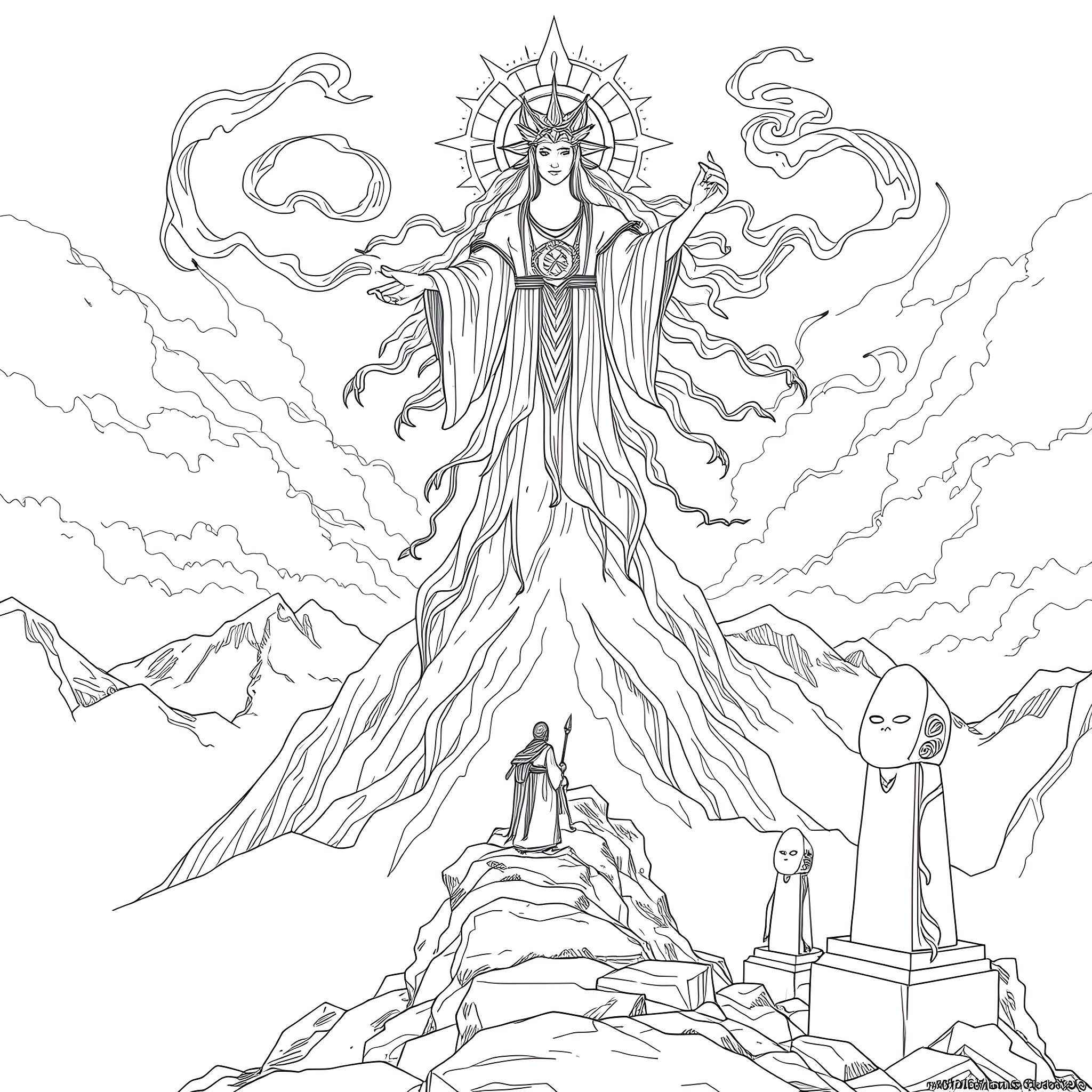 Spirit of the Mystical Realm Coloring Page (free black-and-white line drawing printable PDF for all, from beginners to advanced learners, including children, teens, adults, and seniors)