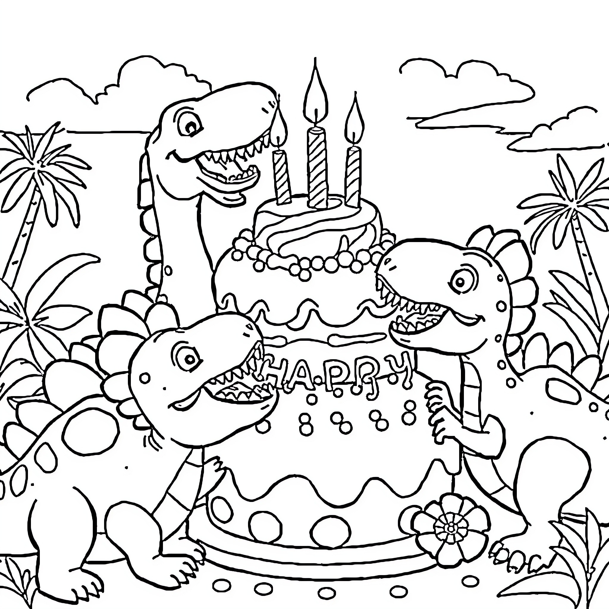 Dinosaurs celebrating a happy birthday with cake Coloring Page (free black-and-white line drawing printable PDF for all, from beginners to advanced learners, including children, teens, adults, and seniors)
