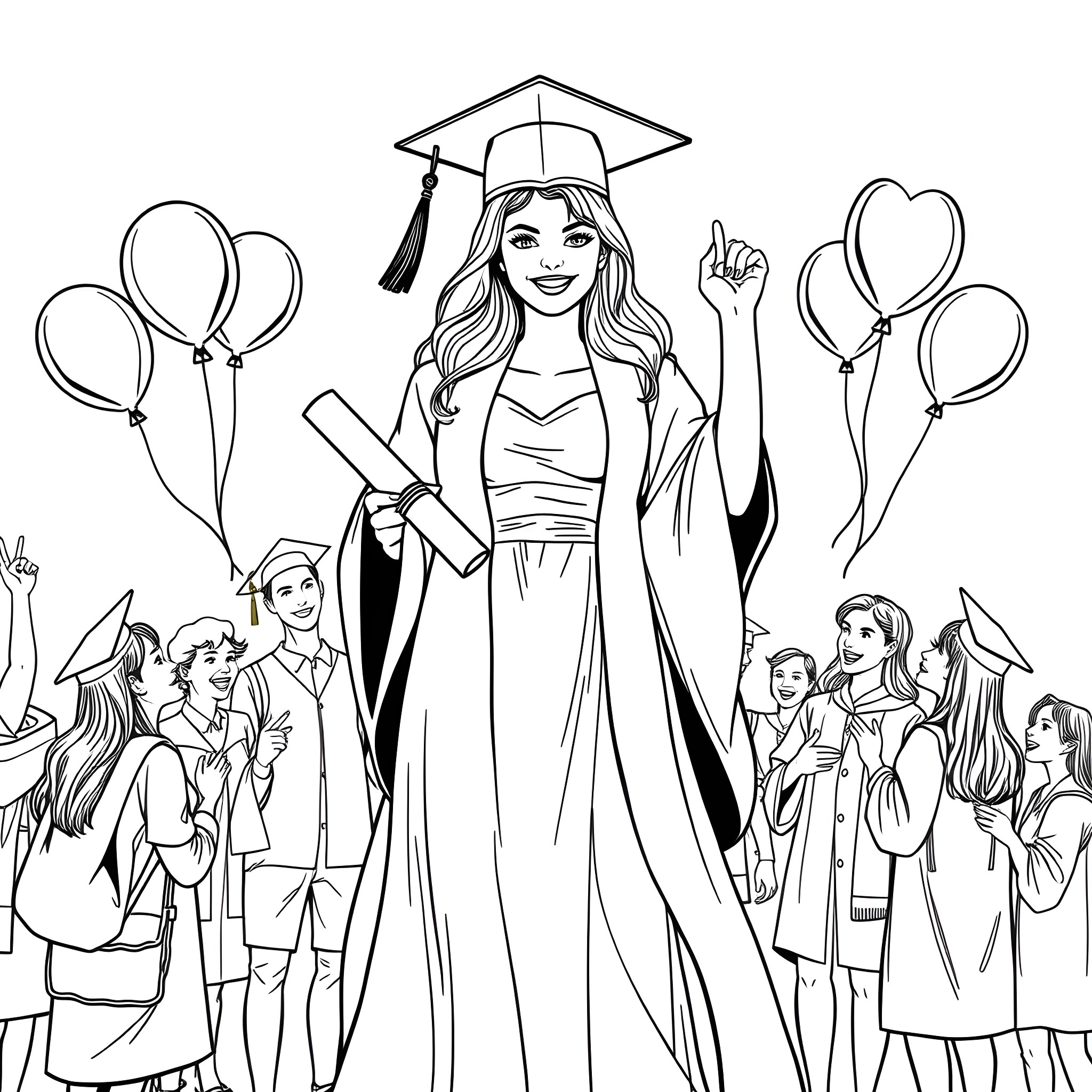 Woman in graduation cap celebrating with friends Coloring Page (free black-and-white line drawing printable PDF for all, from beginners to advanced learners, including children, teens, adults, and seniors)