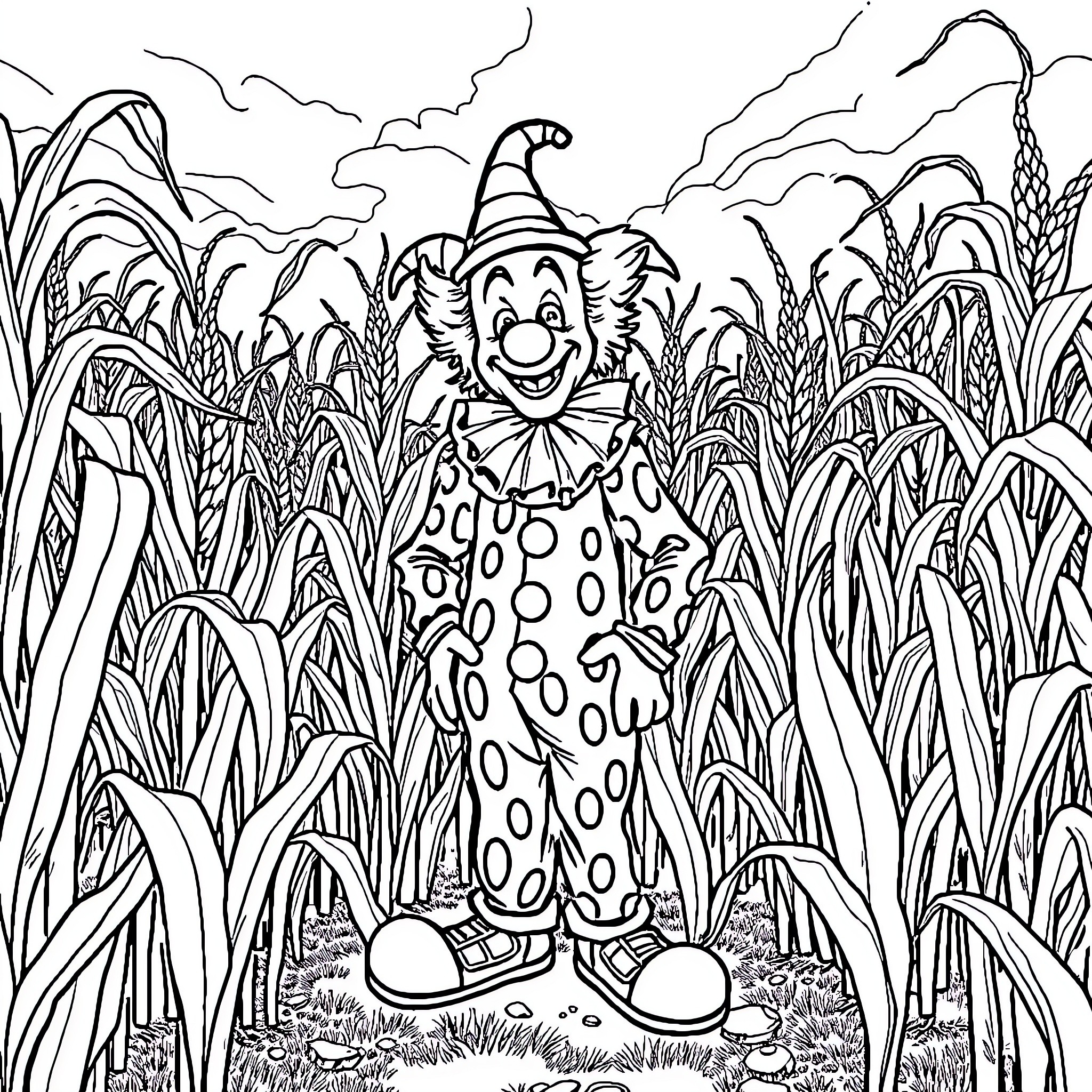 Clown playing in the cornfield Coloring Page (free black-and-white line drawing printable PDF for all, from beginners to advanced learners, including children, teens, adults, and seniors)