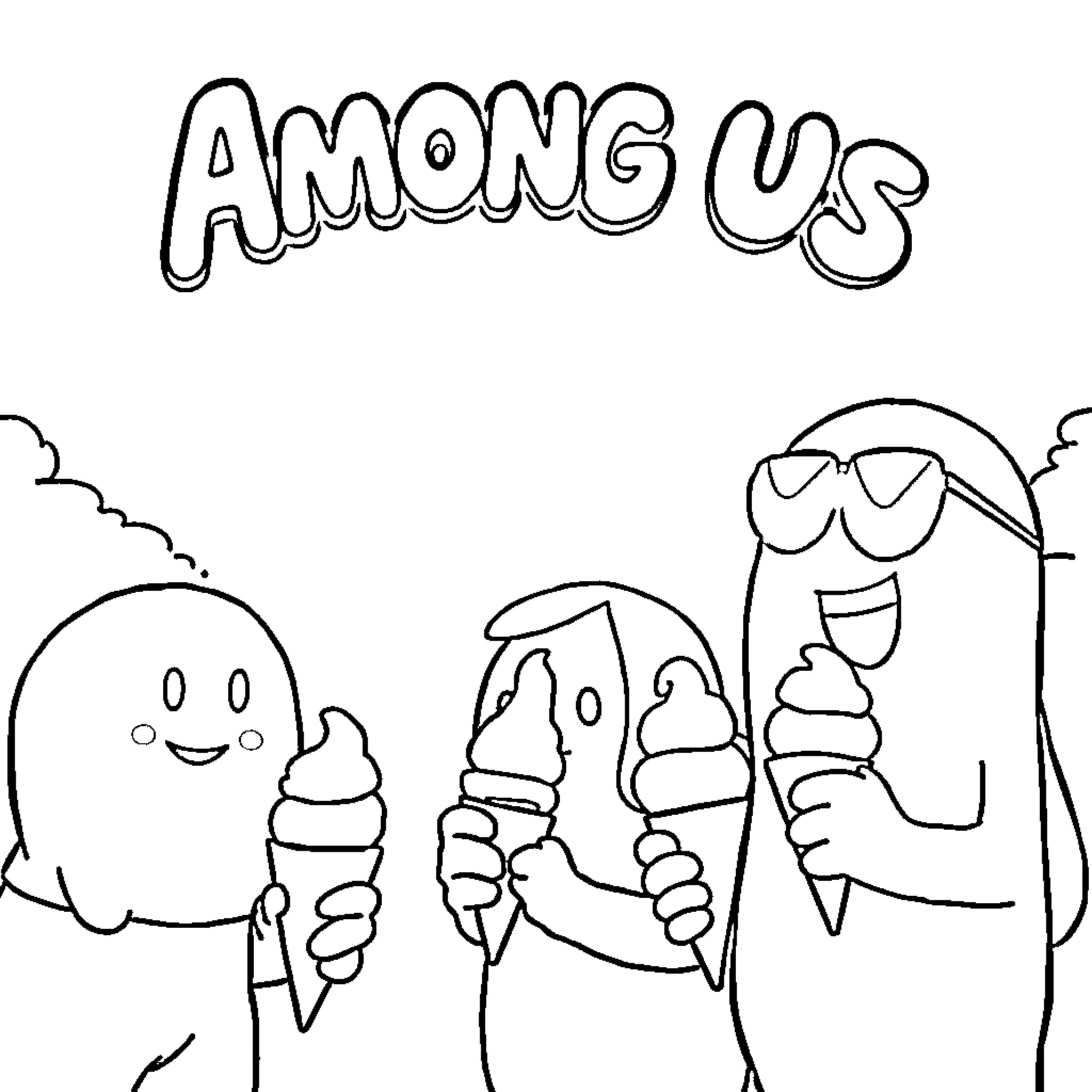 Among Us characters enjoying ice cream treats Coloring Page (free black-and-white line drawing printable PDF for all, from beginners to advanced learners, including children, teens, adults, and seniors)