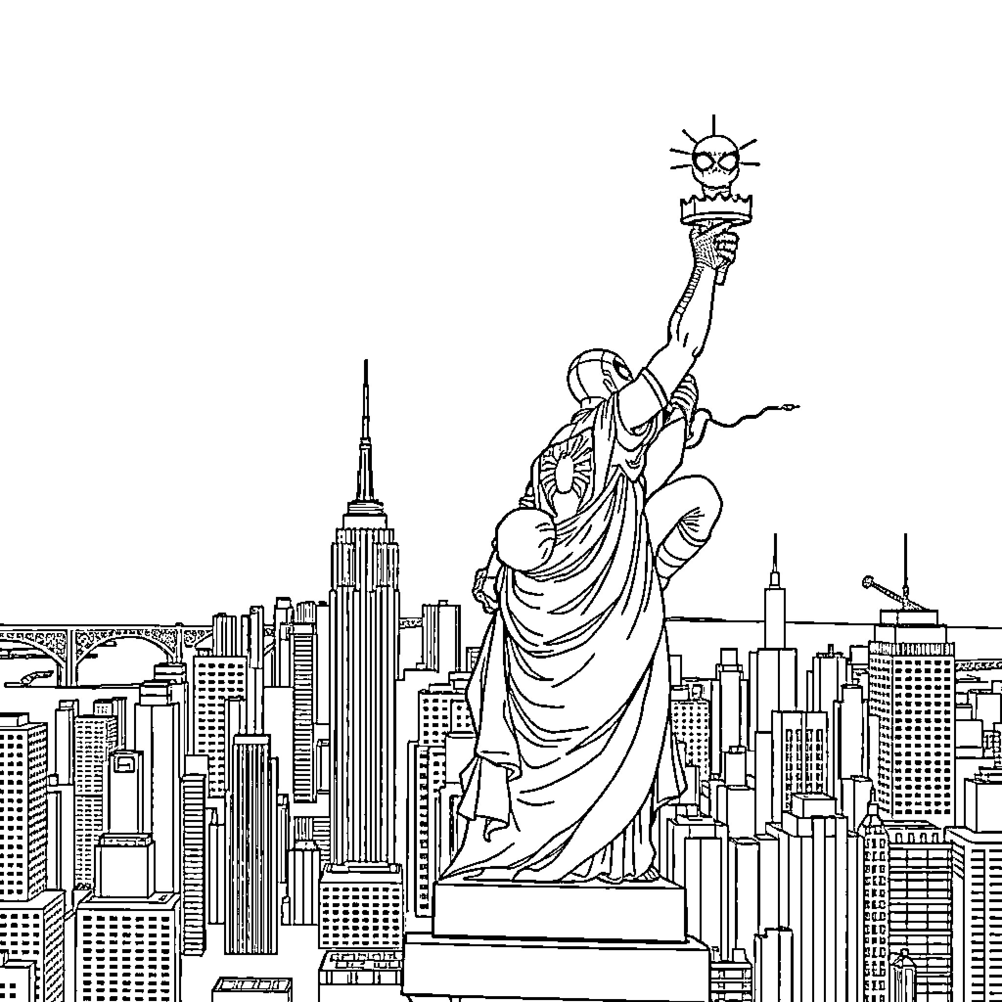 Spiderman overlooking the New York City skyline Coloring Page (free black-and-white line drawing printable PDF for all, from beginners to advanced learners, including children, teens, adults, and seniors)