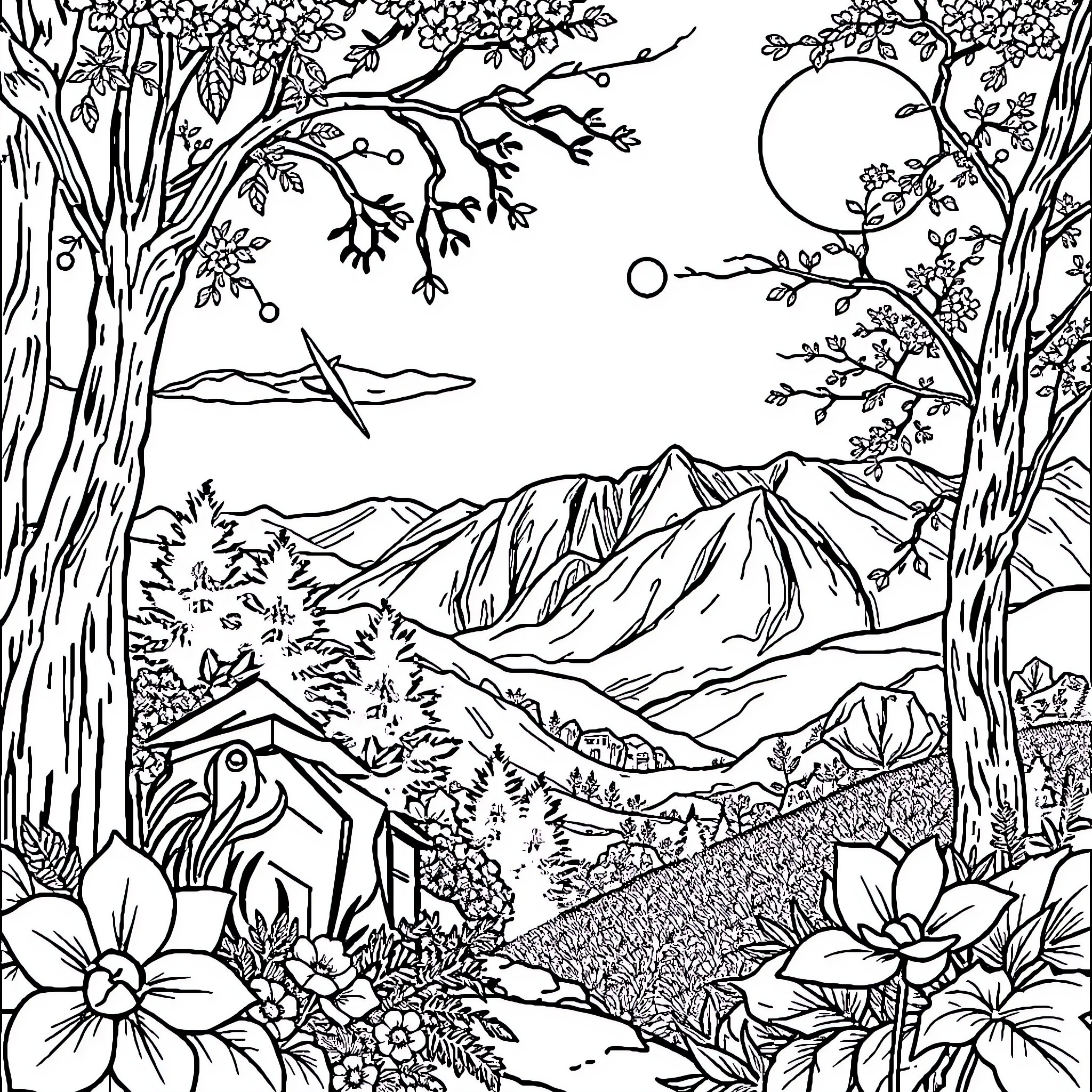 Puzzle Scenic Landscape with Mountain and Floral Elements Coloring Page (free black-and-white line drawing printable PDF for all, from beginners to advanced learners, including children, teens, adults, and seniors)