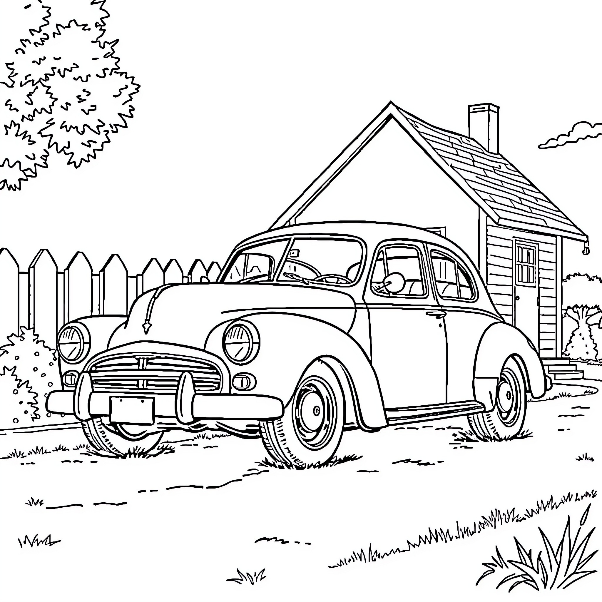 Car parked in front of a rustic cottage Coloring Page (free black-and-white line drawing printable PDF for all, from beginners to advanced learners, including children, teens, adults, and seniors)