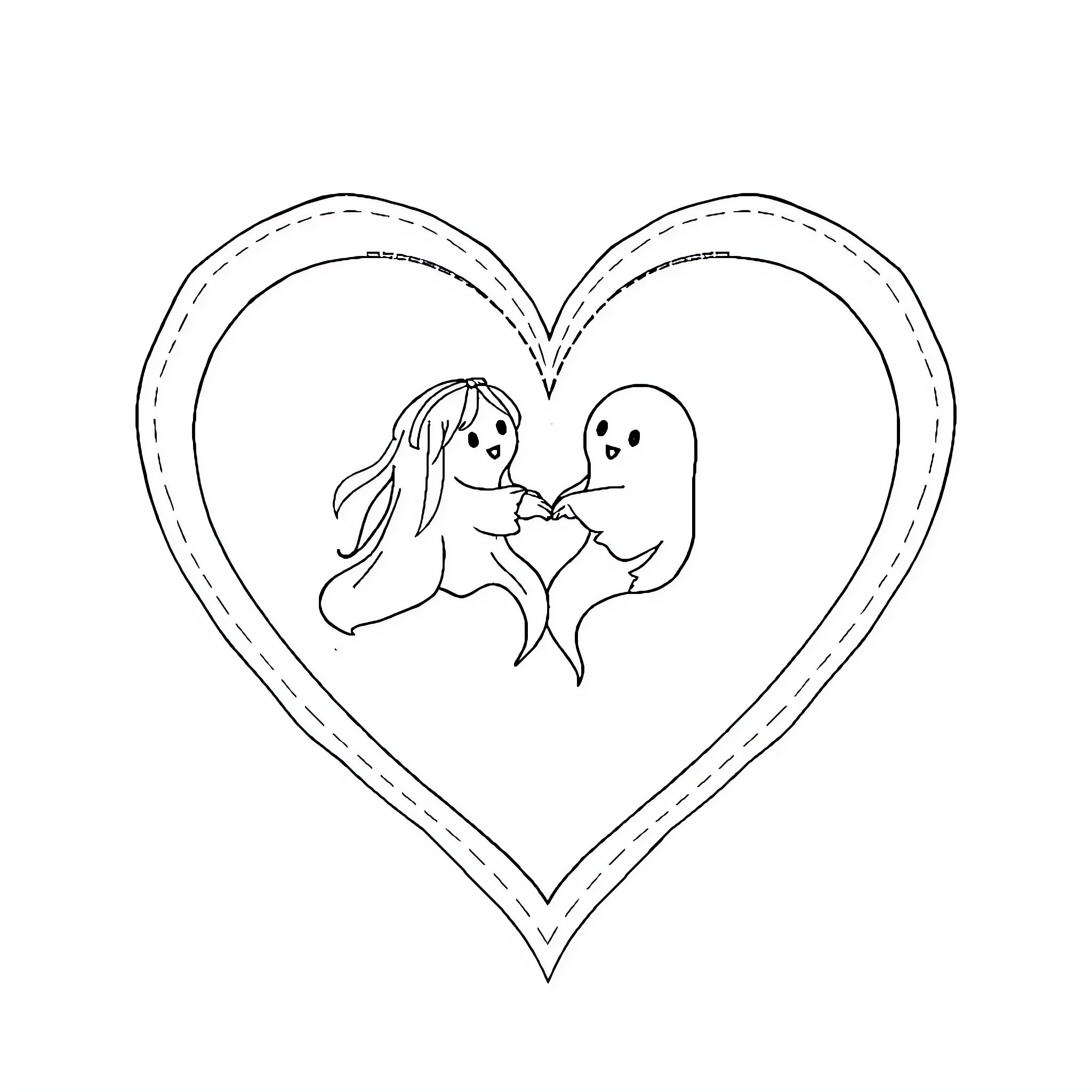 Heart-Shaped Love Between Friends Coloring Page (free black-and-white line drawing printable PDF for all, from beginners to advanced learners, including children, teens, adults, and seniors)
