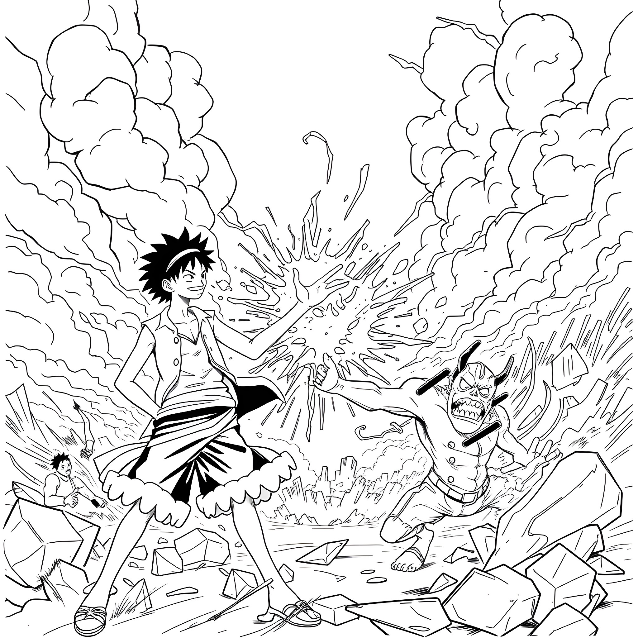 Luffy's Fierce Battle Against Powerful Foes Coloring Page (free black-and-white line drawing printable PDF for all, from beginners to advanced learners, including children, teens, adults, and seniors)
