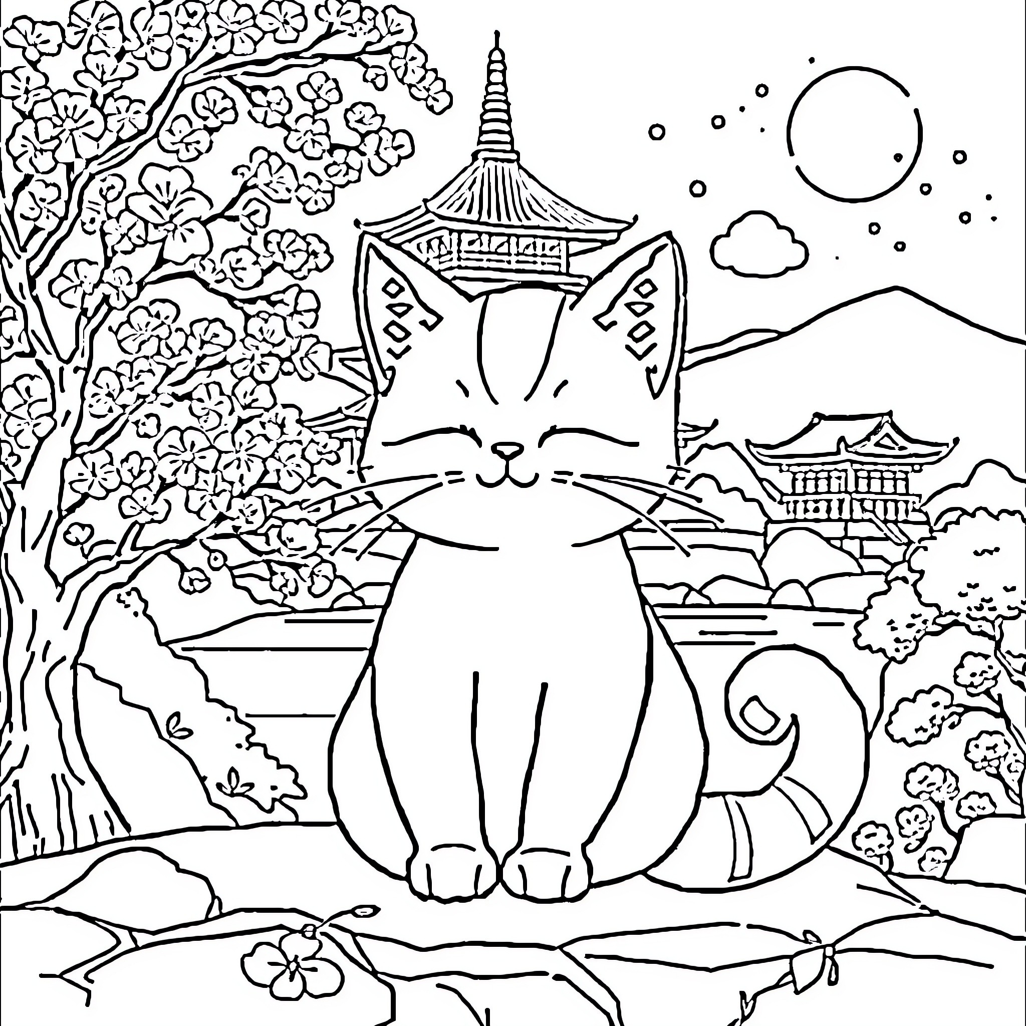 Neko Contemplating the Serene Landscape Coloring Page (free black-and-white line drawing printable PDF for all, from beginners to advanced learners, including children, teens, adults, and seniors)