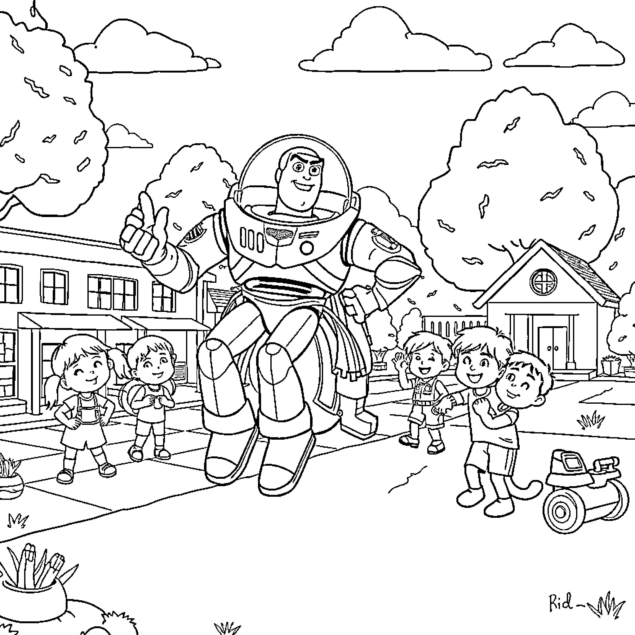 Buzz Lightyear interacting with children in a suburban setting Coloring Page (free black-and-white line drawing printable PDF for all, from beginners to advanced learners, including children, teens, adults, and seniors)