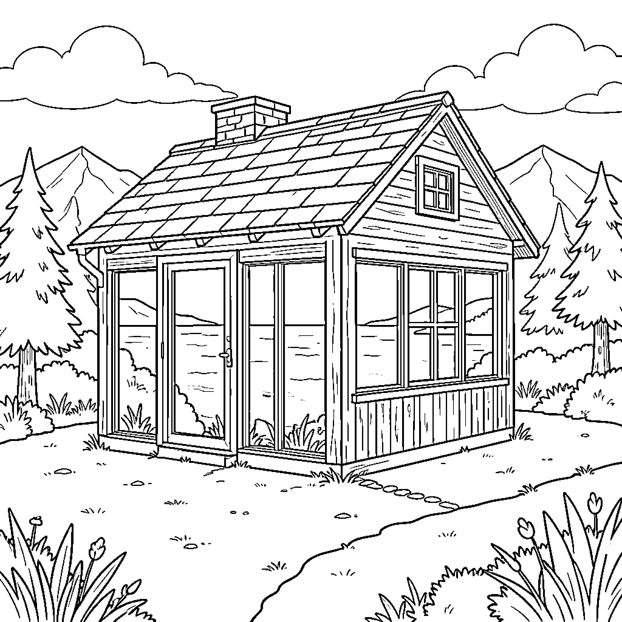 Casa in the Tranquil Mountain Cabin Scene Coloring Page (free black-and-white line drawing printable PDF for all, from beginners to advanced learners, including children, teens, adults, and seniors)