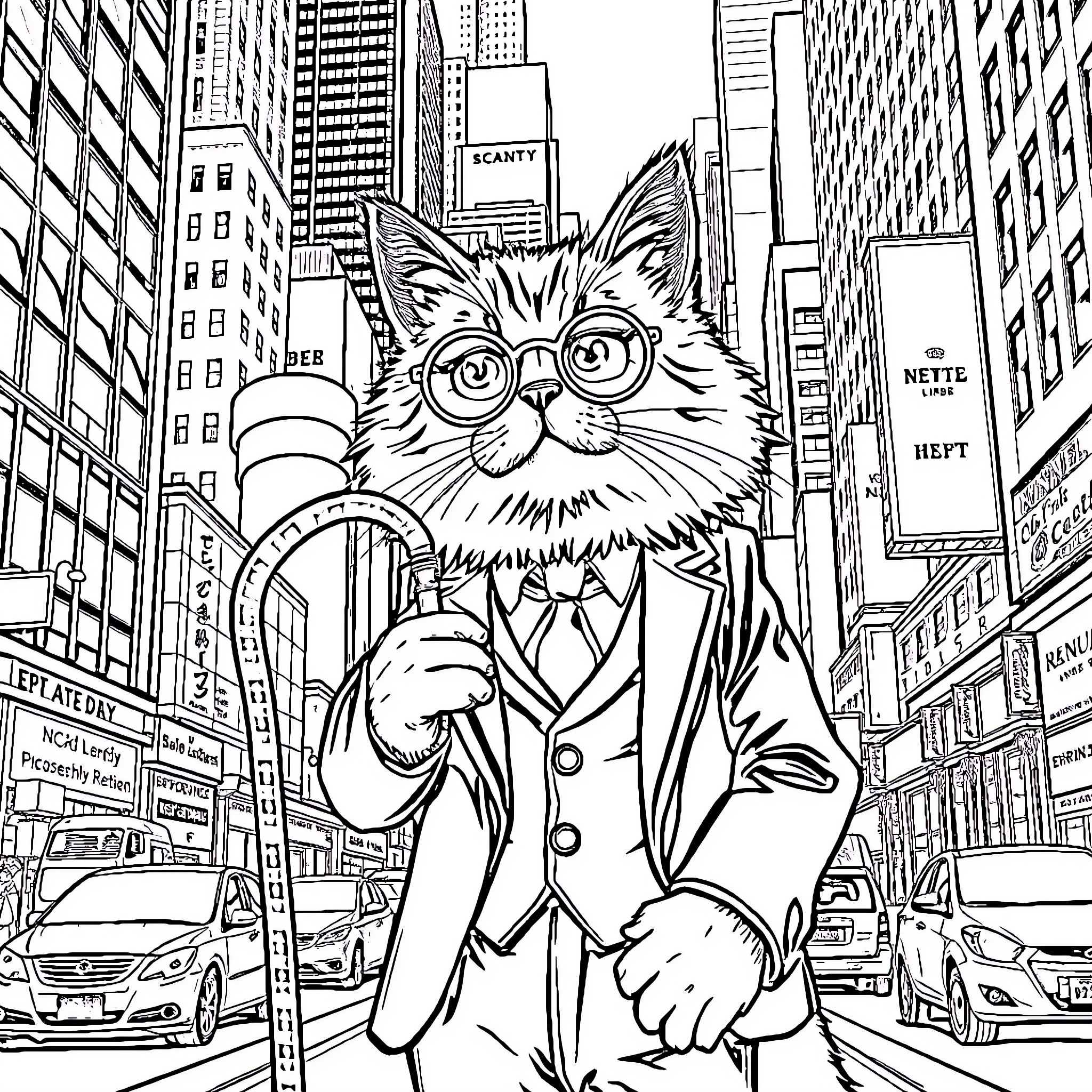 Cat in a business suit exploring the city Coloring Page (free black-and-white line drawing printable PDF for all, from beginners to advanced learners, including children, teens, adults, and seniors)