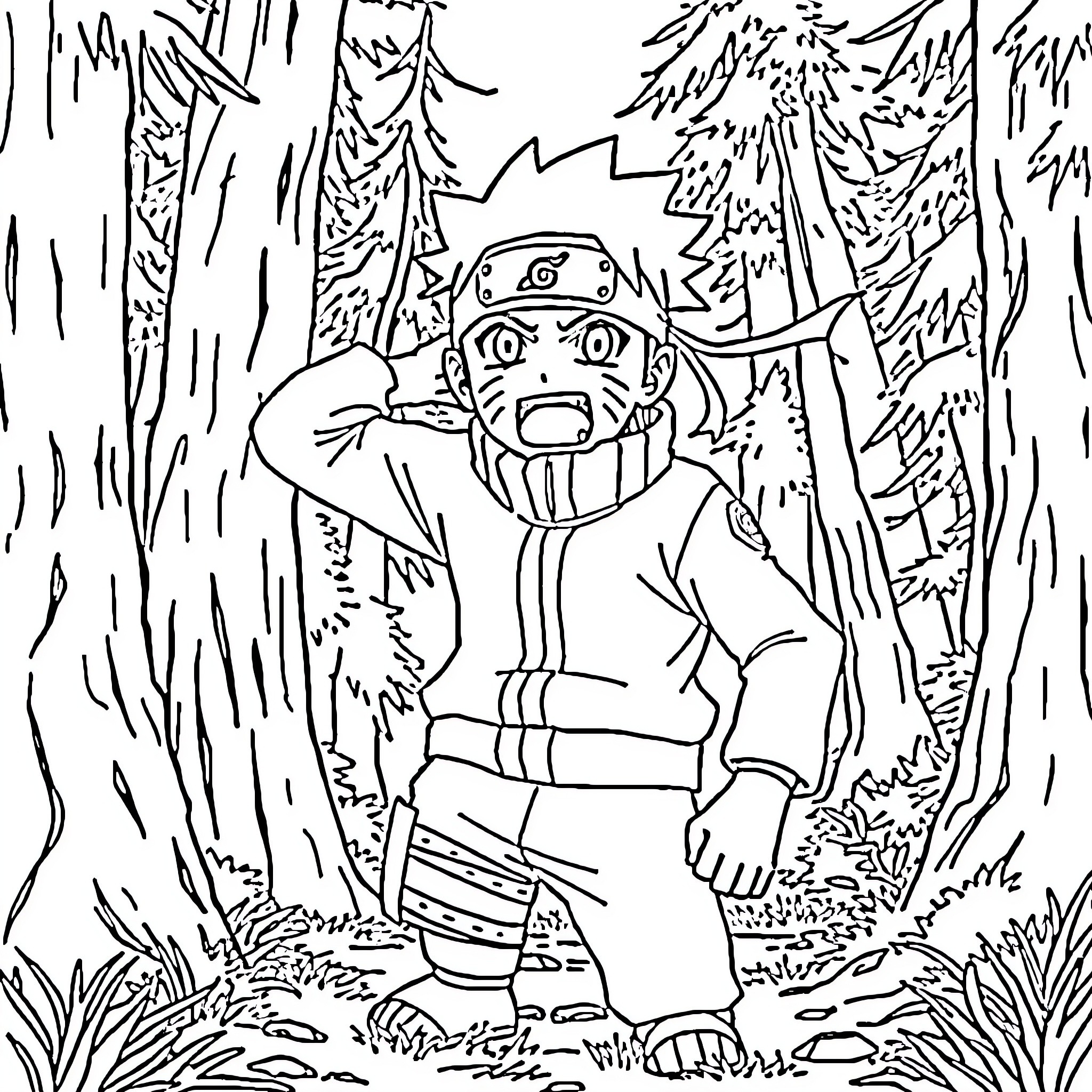 Naruto Ninja in the Mysterious Forest Coloring Page (free black-and-white line drawing printable PDF for all, from beginners to advanced learners, including children, teens, adults, and seniors)