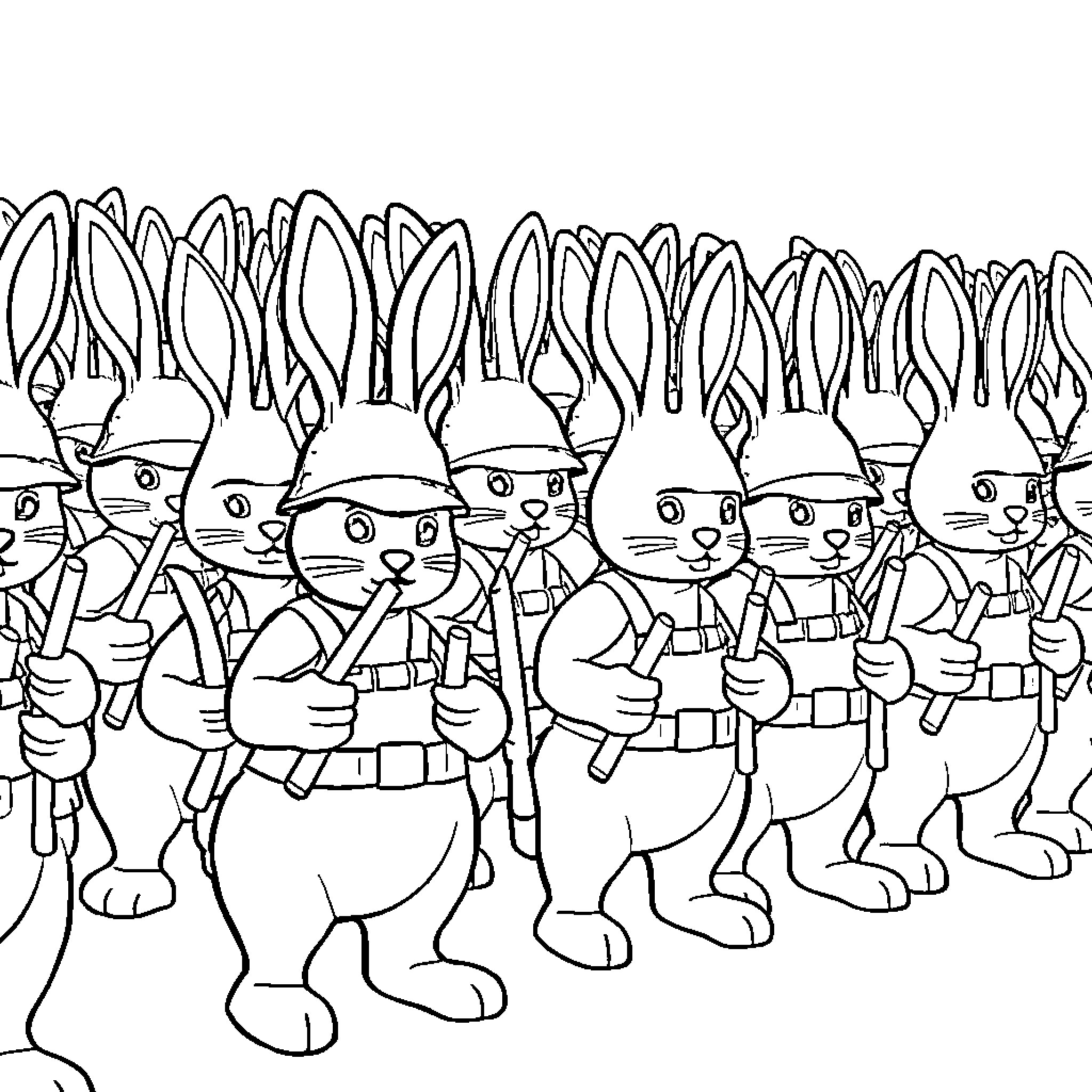 Rabbit soldiers marching in uniform Coloring Page (free black-and-white line drawing printable PDF for all, from beginners to advanced learners, including children, teens, adults, and seniors)