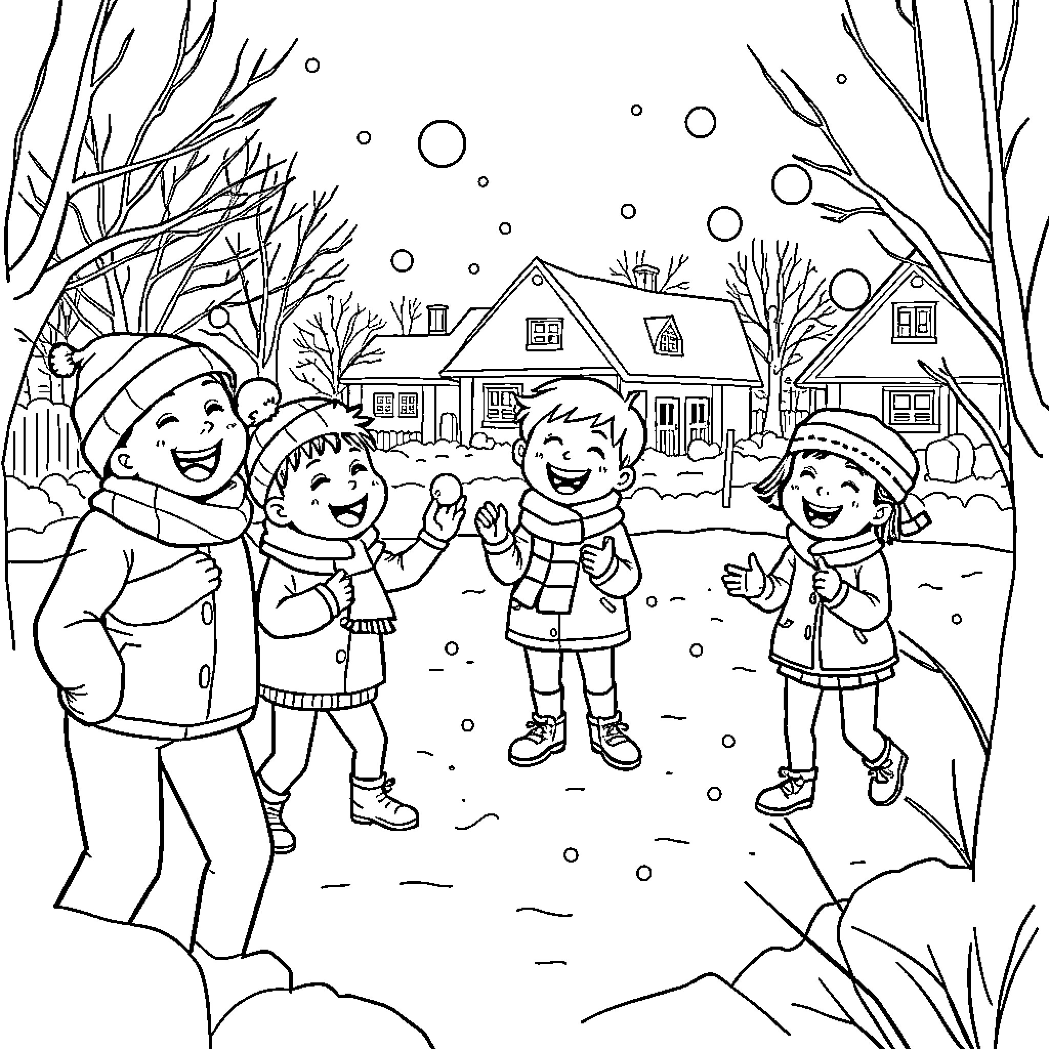 Students playing happily in the snowy winter scene Coloring Page (free black-and-white line drawing printable PDF for all, from beginners to advanced learners, including children, teens, adults, and seniors)