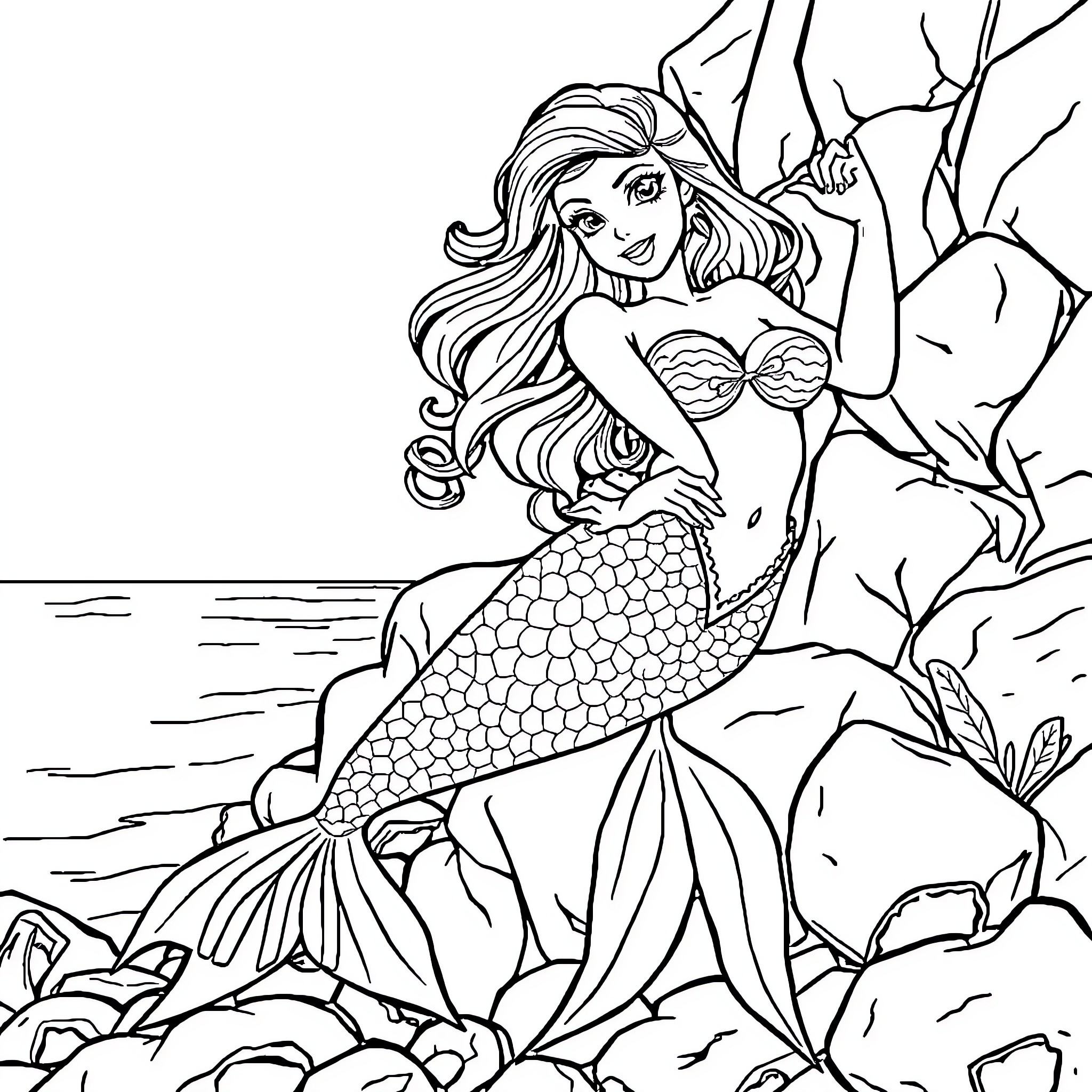 Mermaid resting on rocks near the shore Coloring Page (free black-and-white line drawing printable PDF for all, from beginners to advanced learners, including children, teens, adults, and seniors)