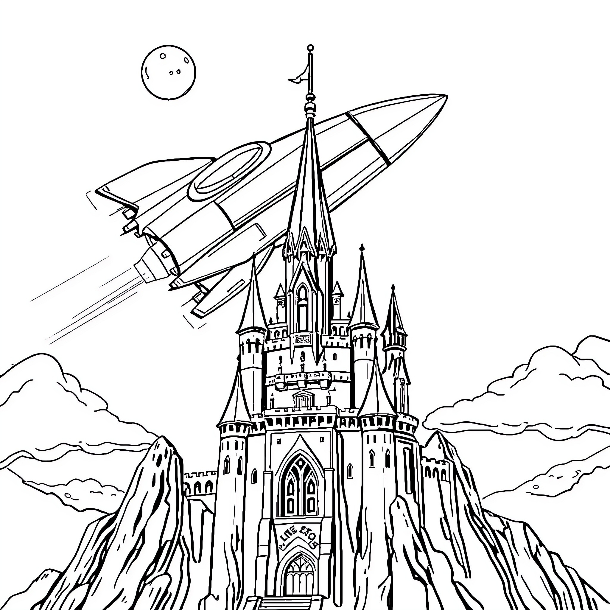 Spaceship flying over a fantasy castle Coloring Page (free black-and-white line drawing printable PDF for all, from beginners to advanced learners, including children, teens, adults, and seniors)