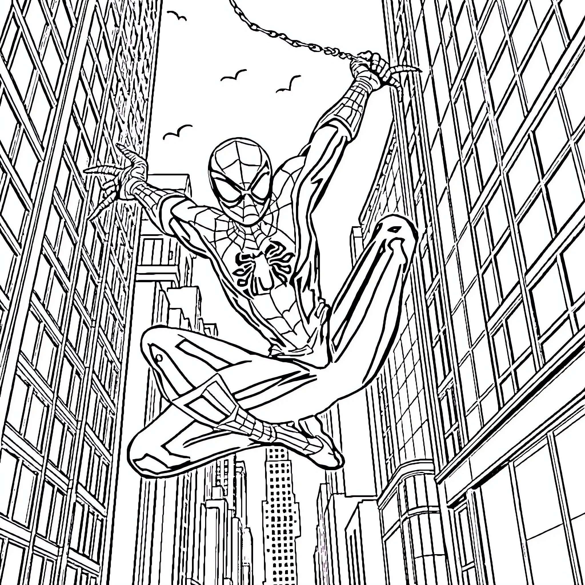 Spider-Man swinging through the city skyline Coloring Page (free black-and-white line drawing printable PDF for all, from beginners to advanced learners, including children, teens, adults, and seniors)