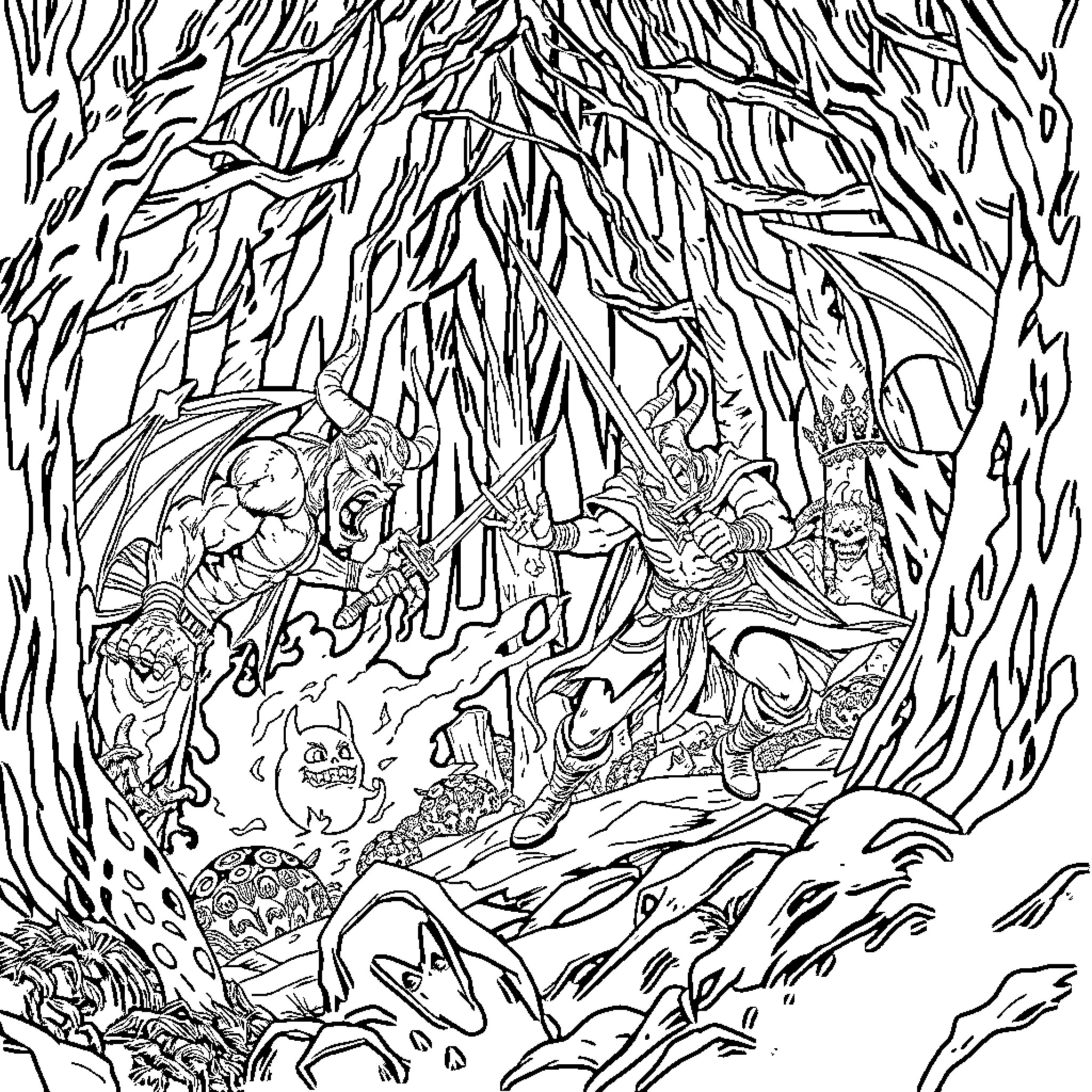 Demon Slayer Characters in Intense Battle Sequence Coloring Page (free black-and-white line drawing printable PDF for all, from beginners to advanced learners, including children, teens, adults, and seniors)