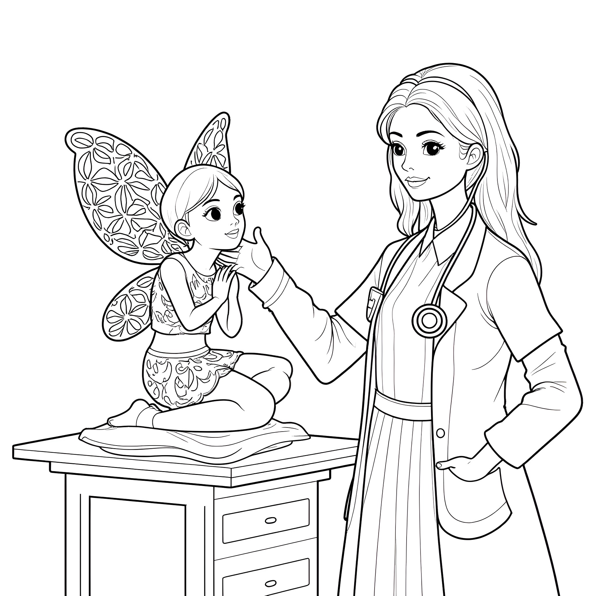 Doctor Examining a Fairy Patient Coloring Page (free black-and-white line drawing printable PDF for all, from beginners to advanced learners, including children, teens, adults, and seniors)