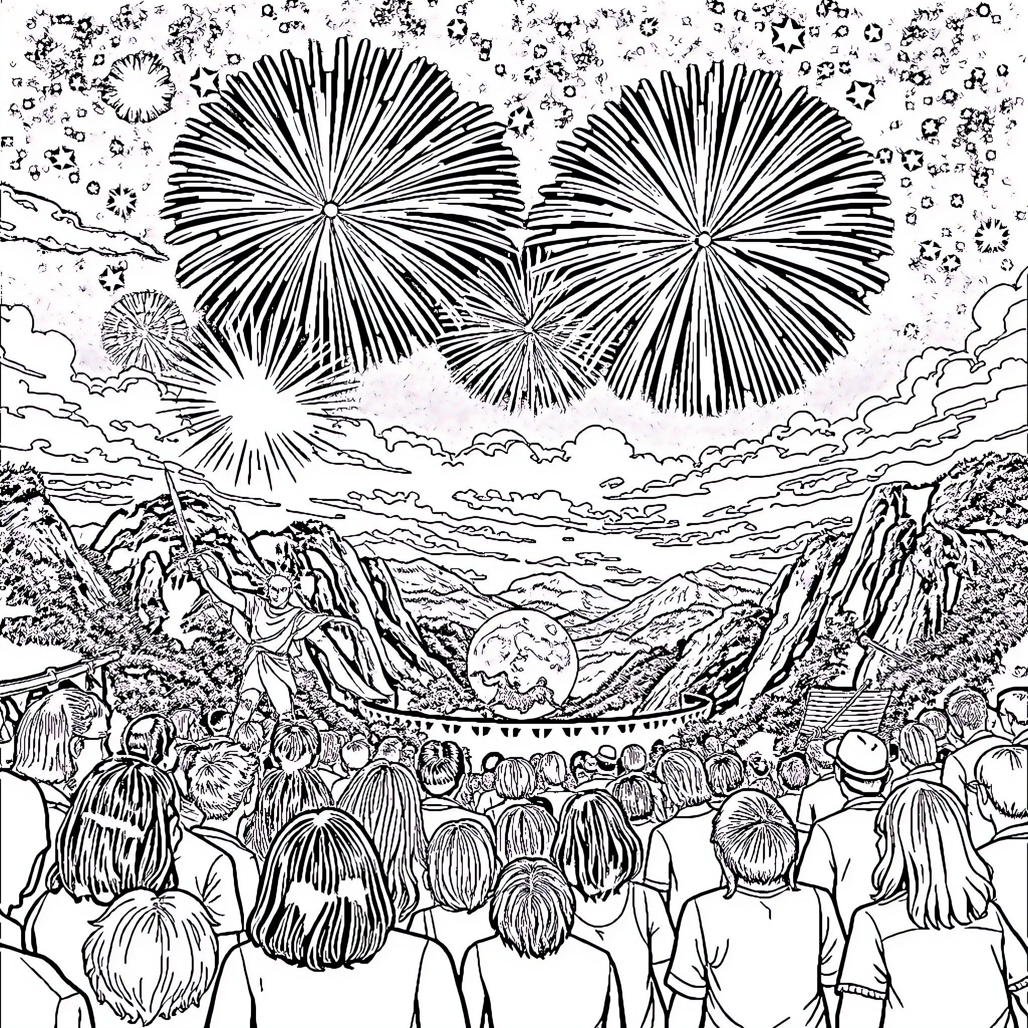 Lord of the Rings: Fireworks Display over Middle-earth Coloring Page (free black-and-white line drawing printable PDF for all, from beginners to advanced learners, including children, teens, adults, and seniors)