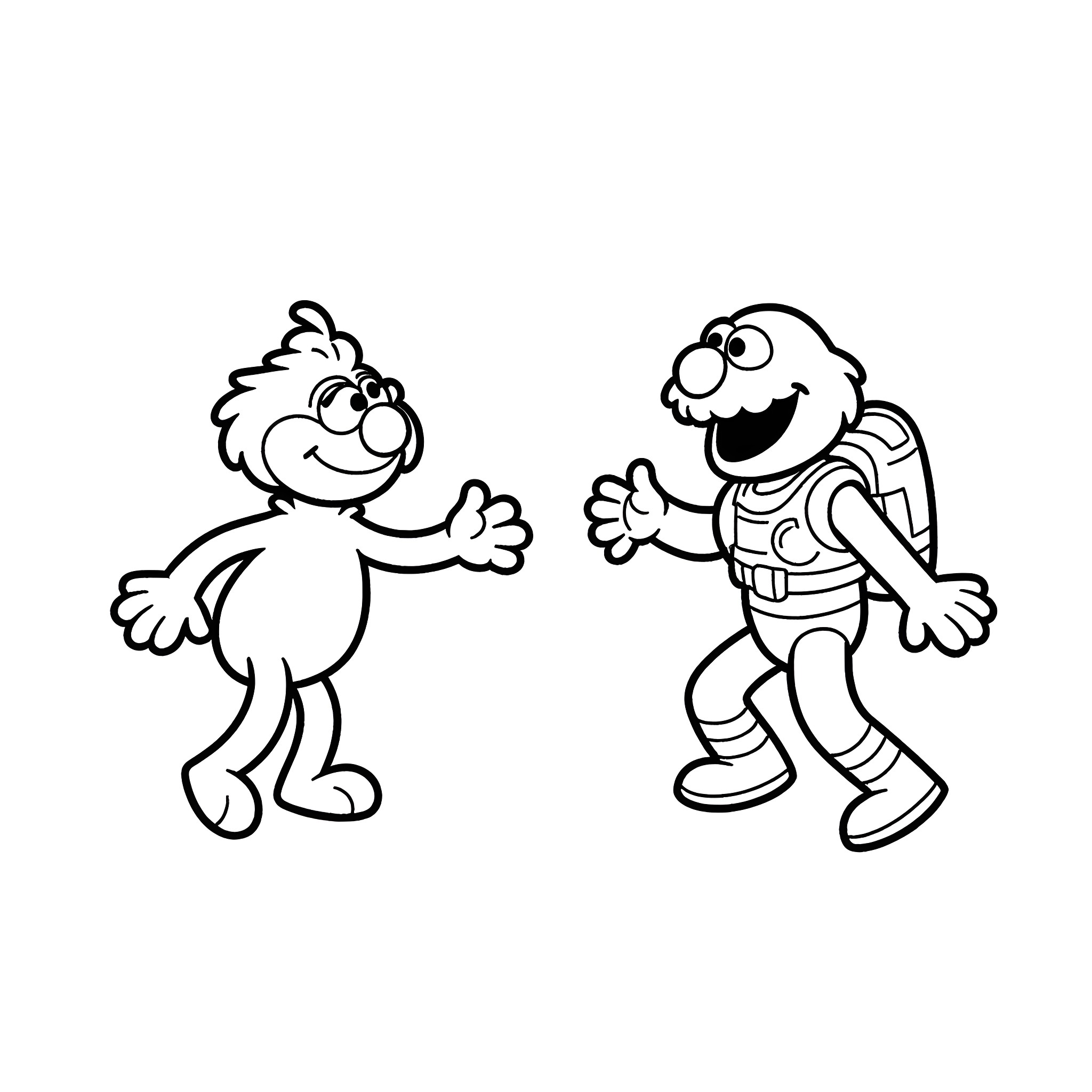 Elmo and friend enjoying a playful moment Coloring Page (free black-and-white line drawing printable PDF for all, from beginners to advanced learners, including children, teens, adults, and seniors)