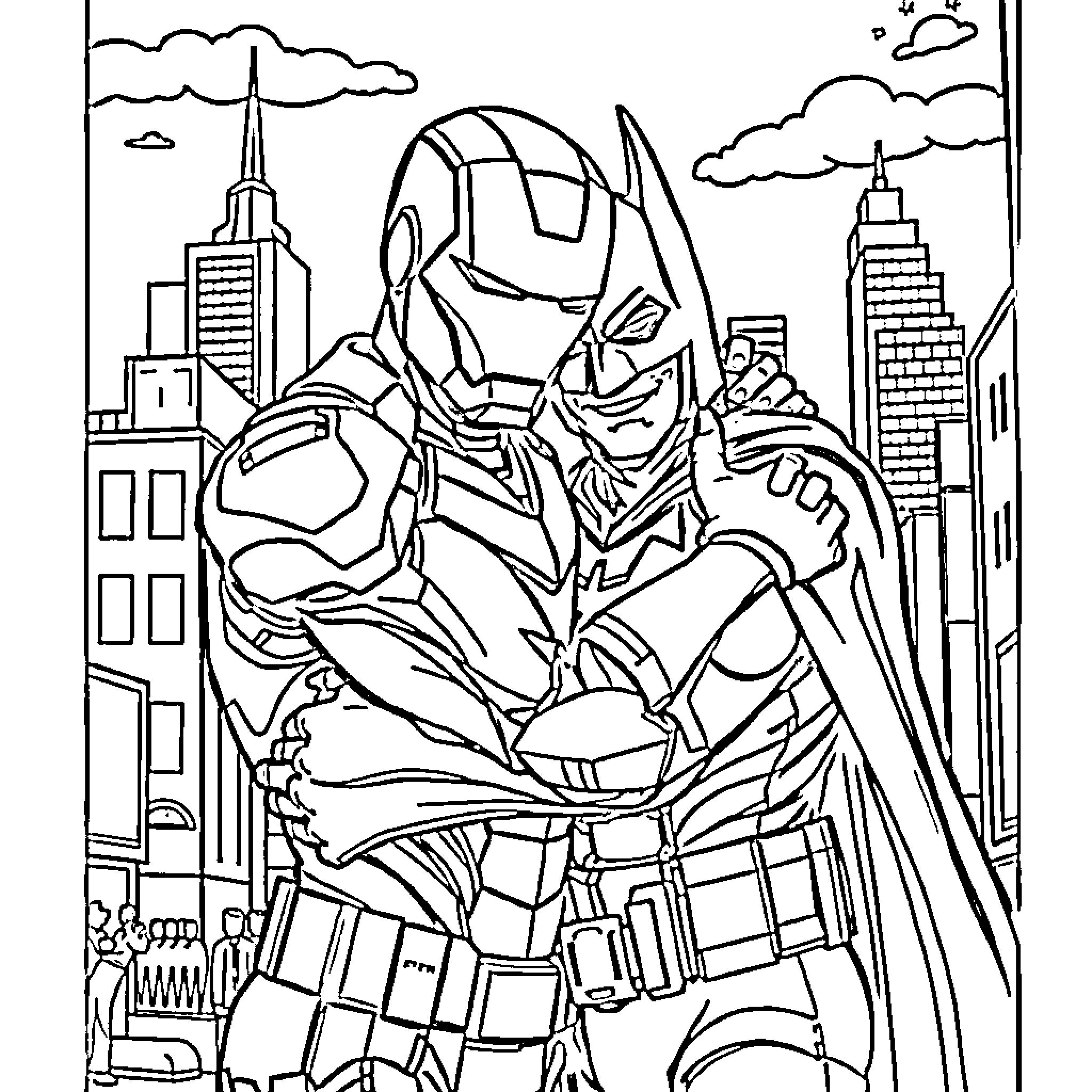 Ironman soaring through the city skyline Coloring Page (free black-and-white line drawing printable PDF for all, from beginners to advanced learners, including children, teens, adults, and seniors)