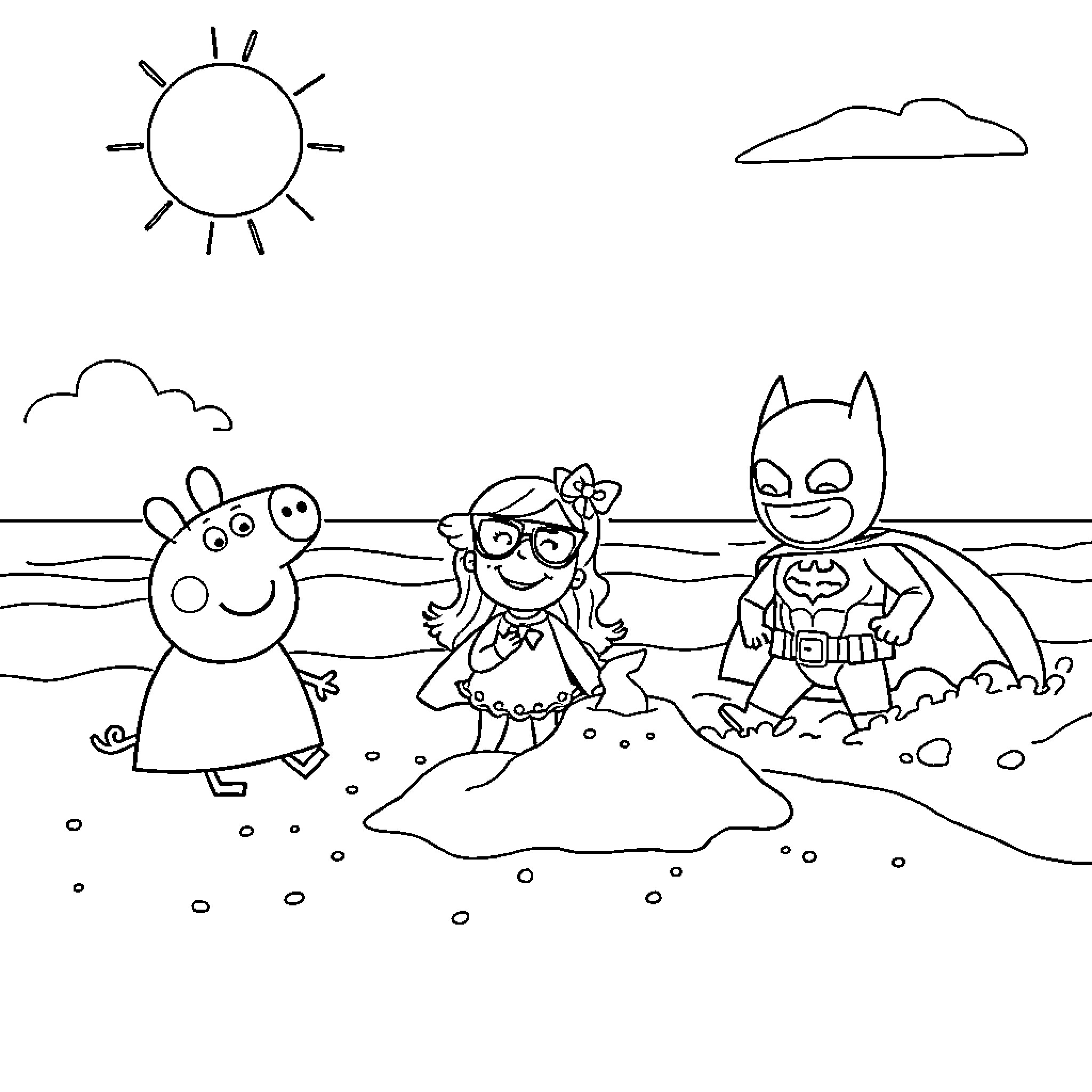 Peppa Pig and friends play on the beach Coloring Page (free black-and-white line drawing printable PDF for all, from beginners to advanced learners, including children, teens, adults, and seniors)