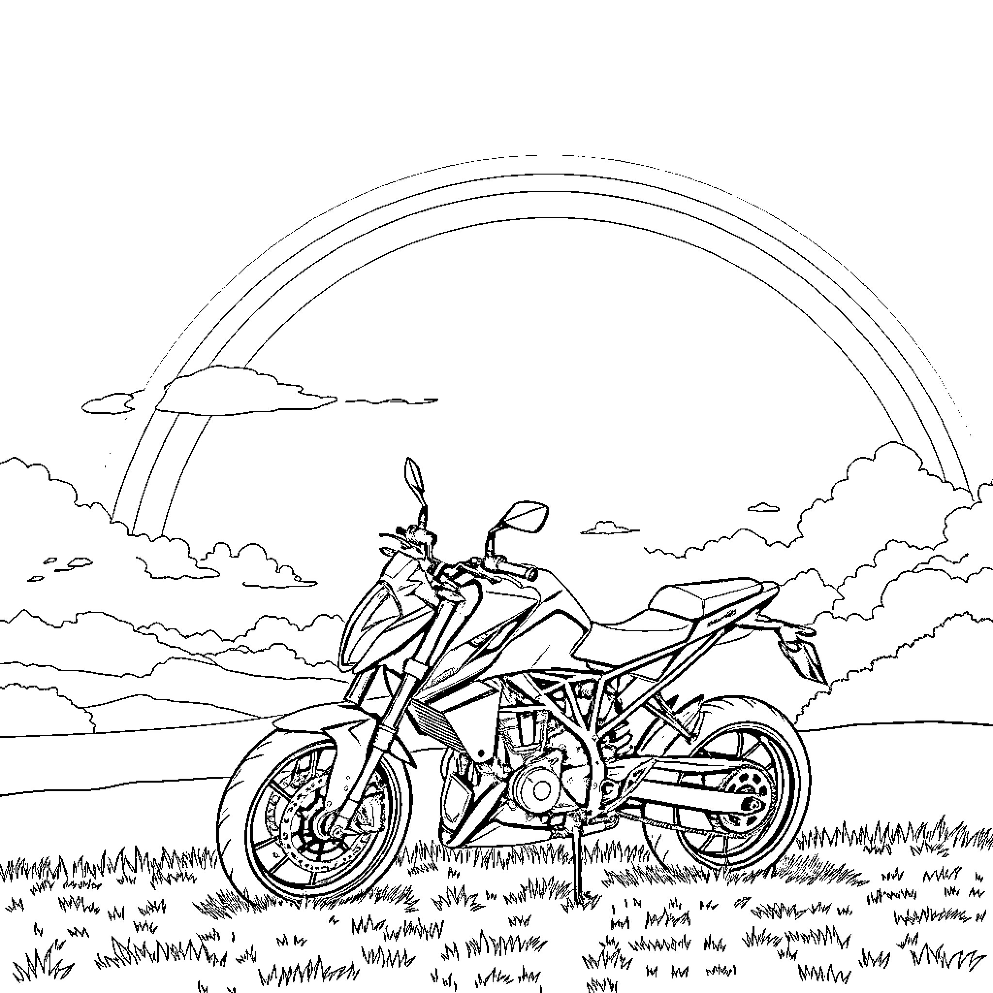 Rainbow Motorcycle Adventure in the Countryside Coloring Page (free black-and-white line drawing printable PDF for all, from beginners to advanced learners, including children, teens, adults, and seniors)