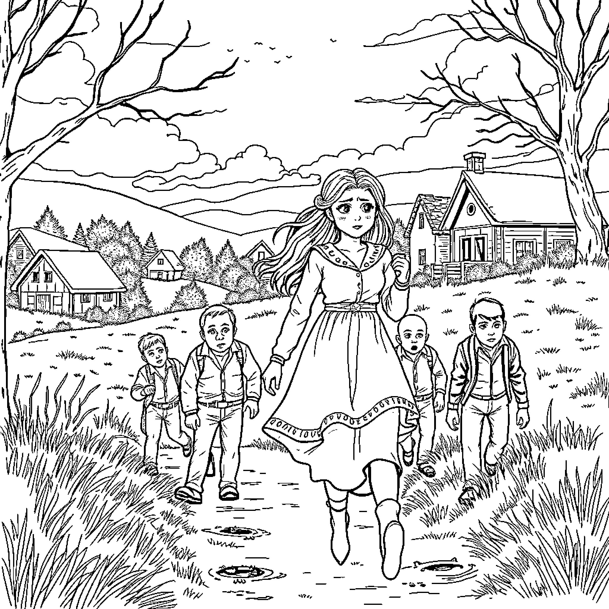 Heidi and her friends exploring the countryside Coloring Page (free black-and-white line drawing printable PDF for all, from beginners to advanced learners, including children, teens, adults, and seniors)
