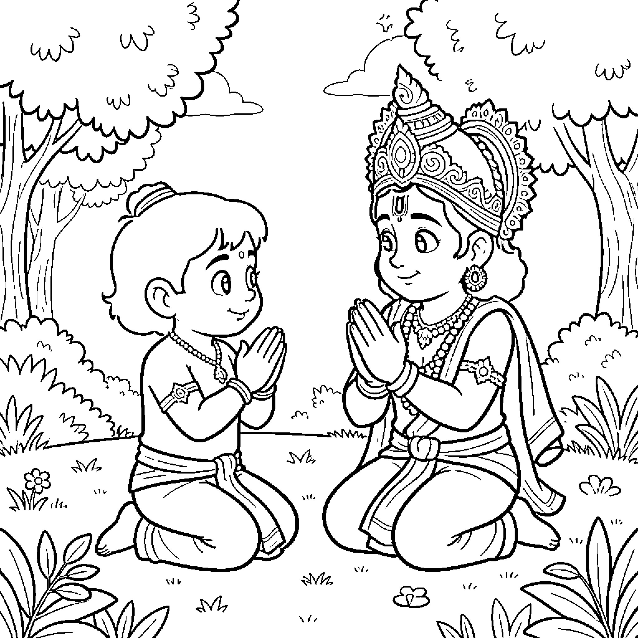 Chota Bheem and a deity bowing in prayer Coloring Page (free black-and-white line drawing printable PDF for all, from beginners to advanced learners, including children, teens, adults, and seniors)