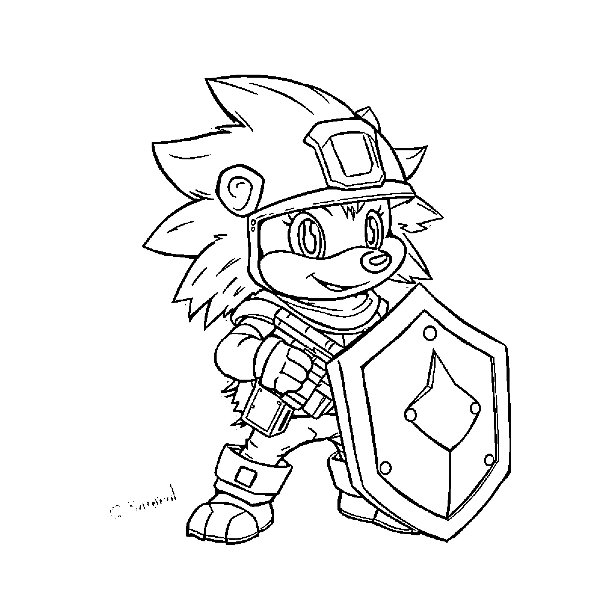 Hedgehog warrior wielding a shield and sword Coloring Page (free black-and-white line drawing printable PDF for all, from beginners to advanced learners, including children, teens, adults, and seniors)
