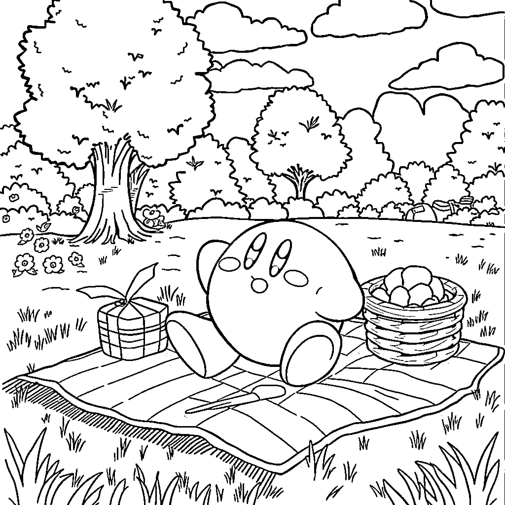 Kirby enjoying a picnic in the park Coloring Page (free black-and-white line drawing printable PDF for all, from beginners to advanced learners, including children, teens, adults, and seniors)