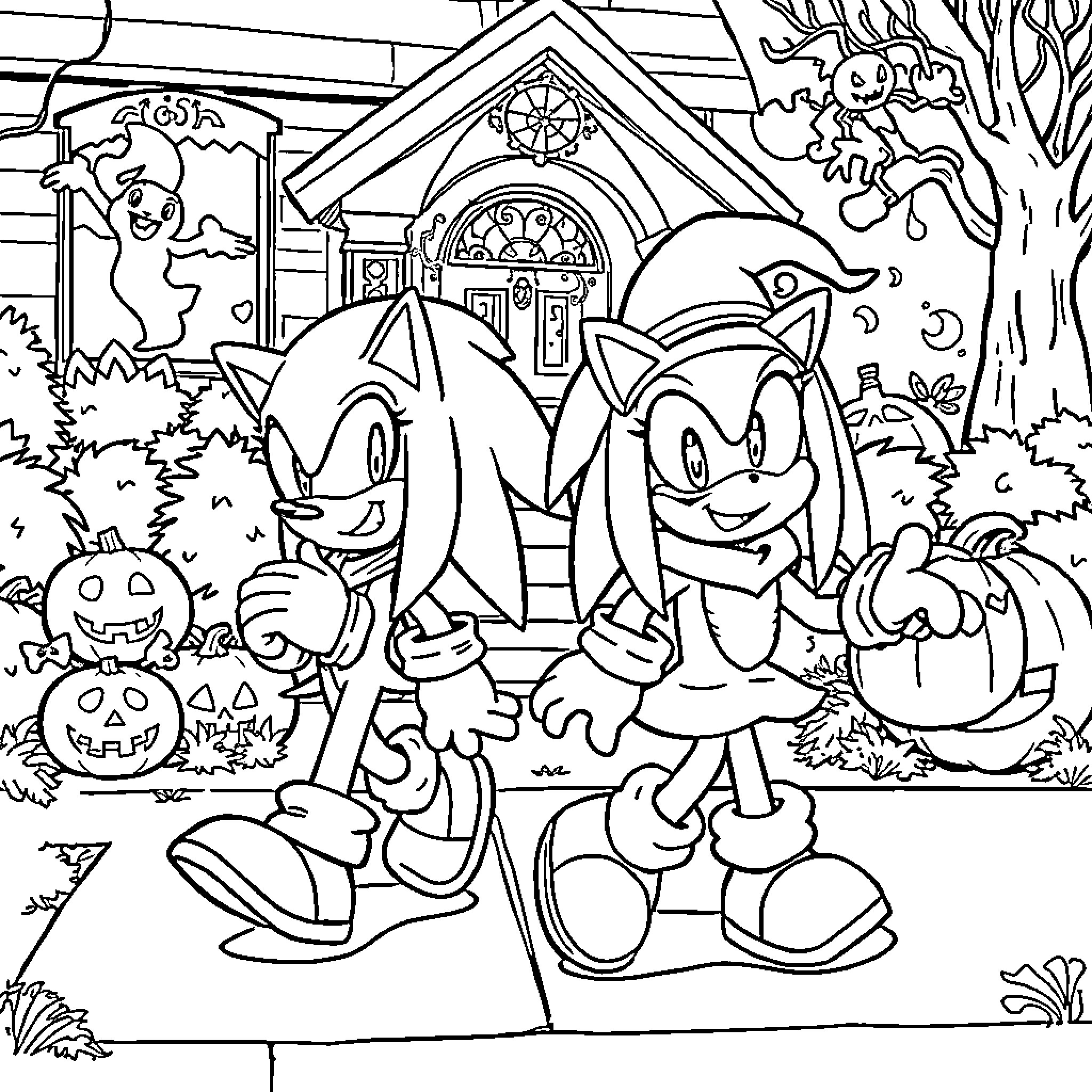 Sonic Characters Exploring a Haunted House Coloring Page (free black-and-white line drawing printable PDF for all, from beginners to advanced learners, including children, teens, adults, and seniors)