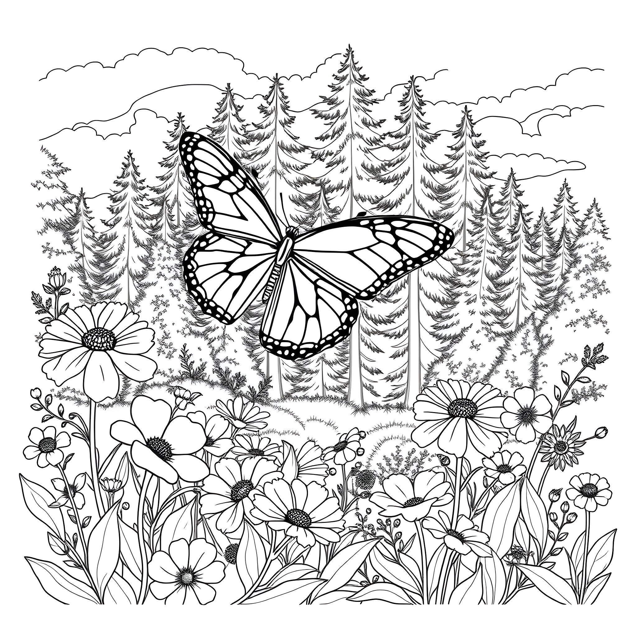 Butterfly soaring over a lush floral landscape Coloring Page (free black-and-white line drawing printable PDF for all, from beginners to advanced learners, including children, teens, adults, and seniors)